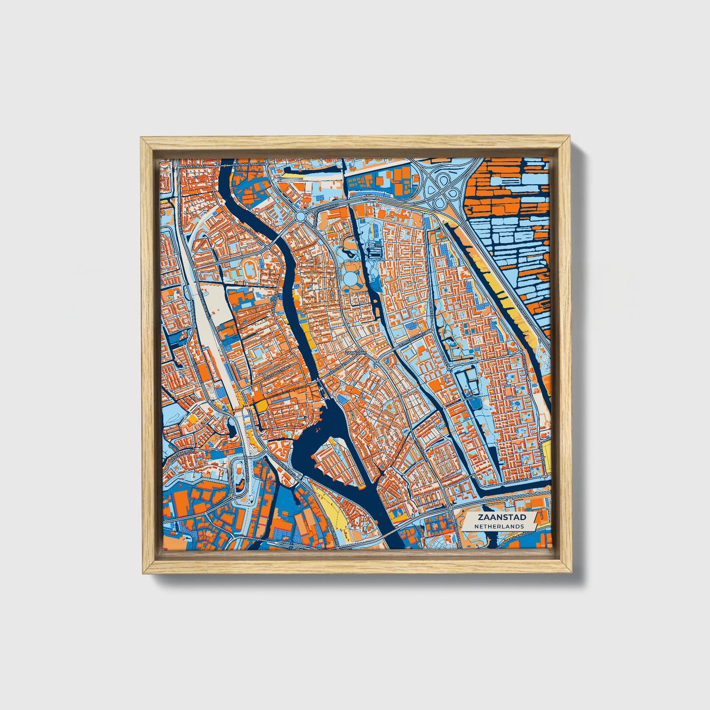 Zaanstad Netherlands Colorful City Map Canvas Print • Natural Wooden Framed