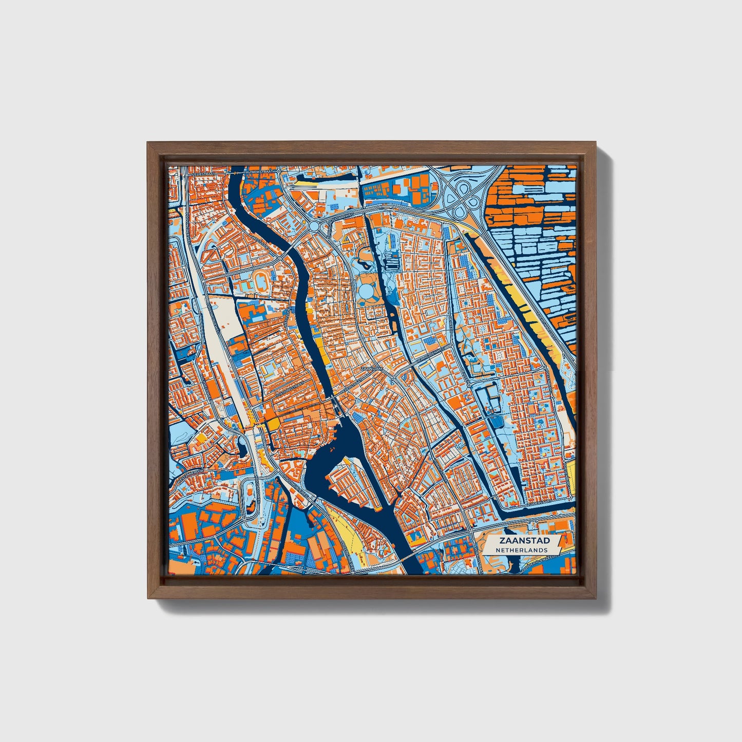 Zaanstad Netherlands Colorful City Map Canvas Print • Dark Wooden Framed