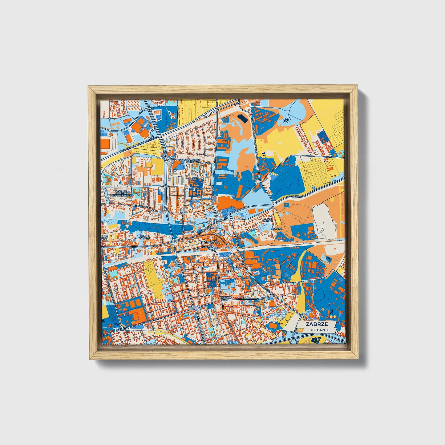 Zabrze Poland Colorful City Map Canvas Print • Natural Wooden Framed