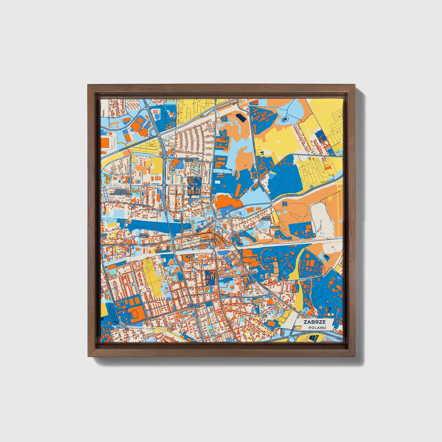 Zabrze Poland Colorful City Map Canvas Print • Dark Wooden Framed