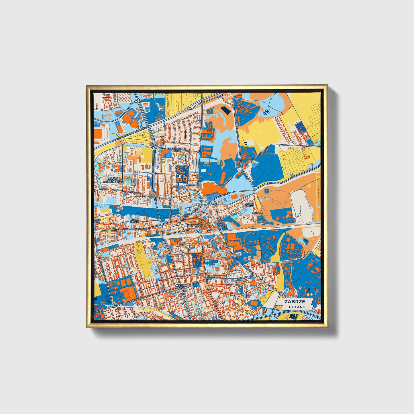 Zabrze Poland Colorful City Map Canvas Print • Gold Framed