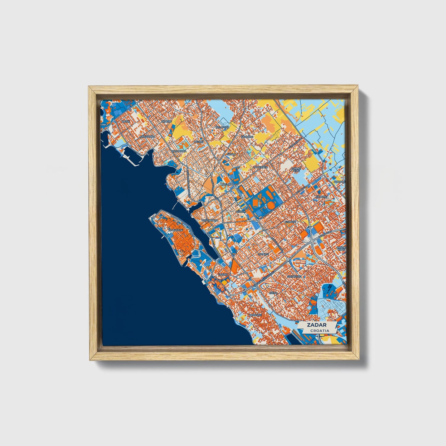 Zadar Croatia Colorful City Map Canvas Print • Natural Wooden Framed
