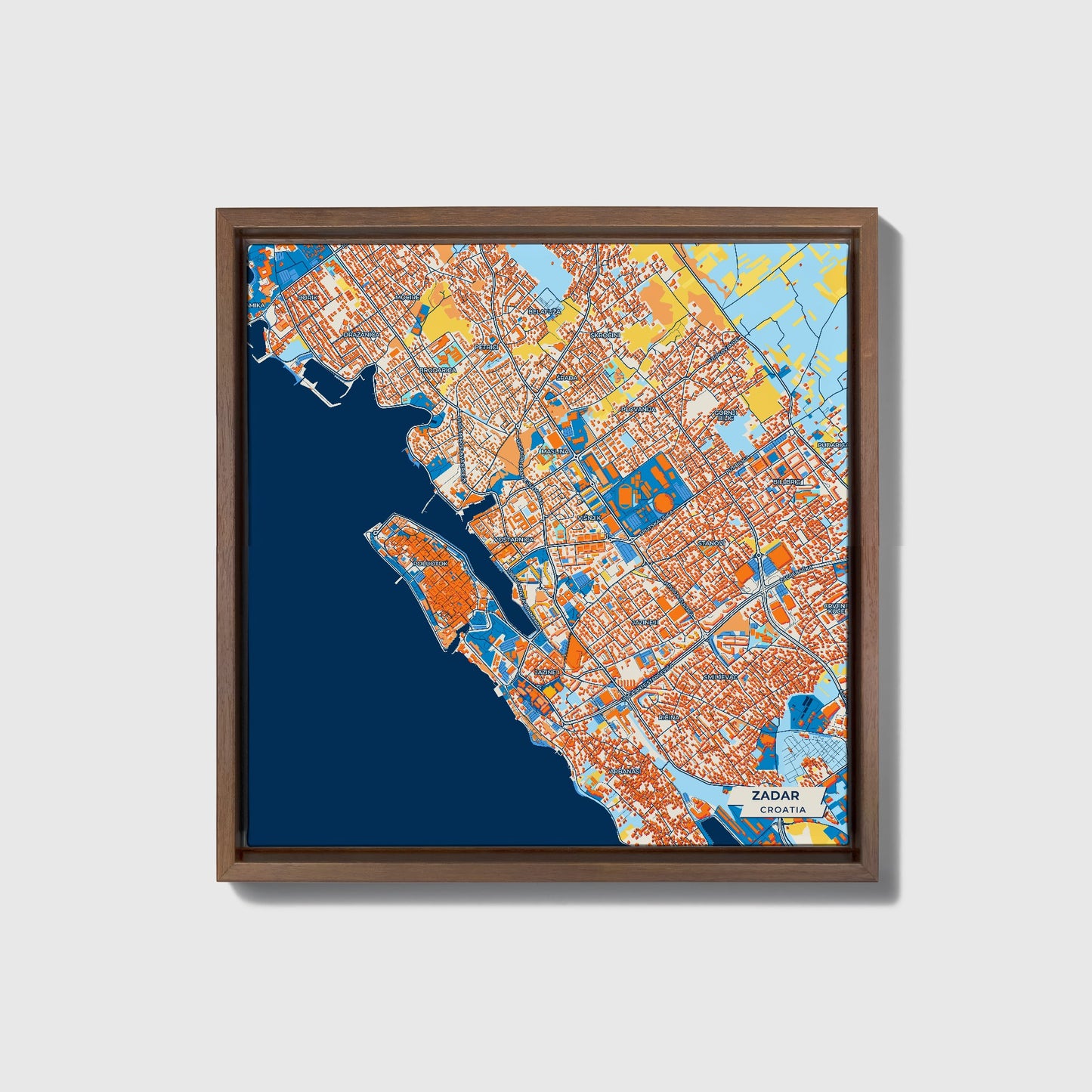 Zadar Croatia Colorful City Map Canvas Print • Dark Wooden Framed