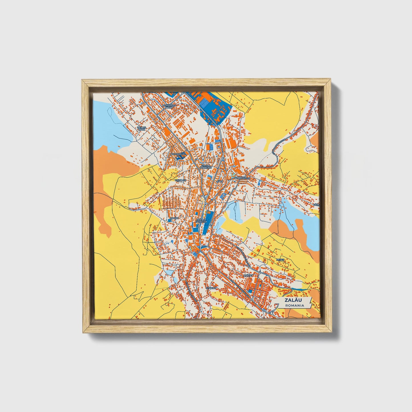 Zalău Romania Colorful City Map Canvas Print • Natural Wooden Framed