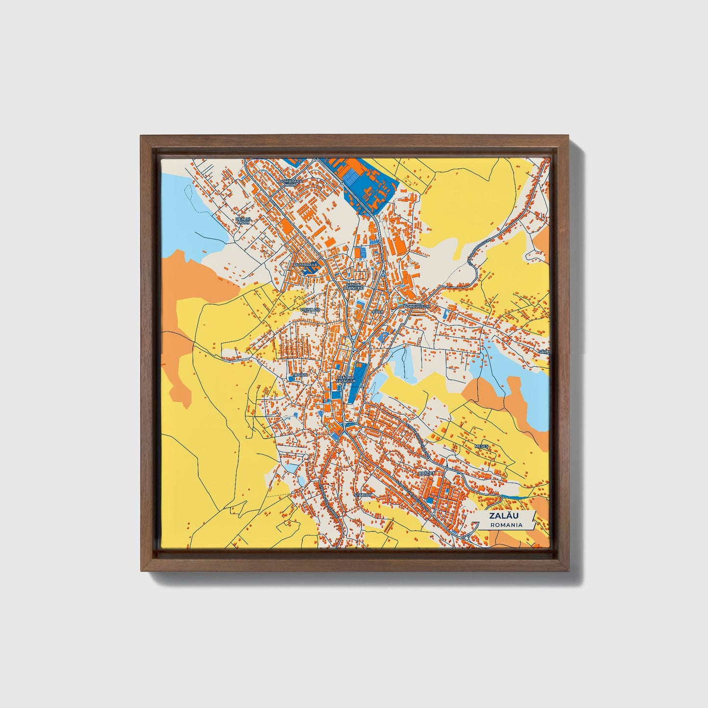 Zalău Romania Colorful City Map Canvas Print • Dark Wooden Framed