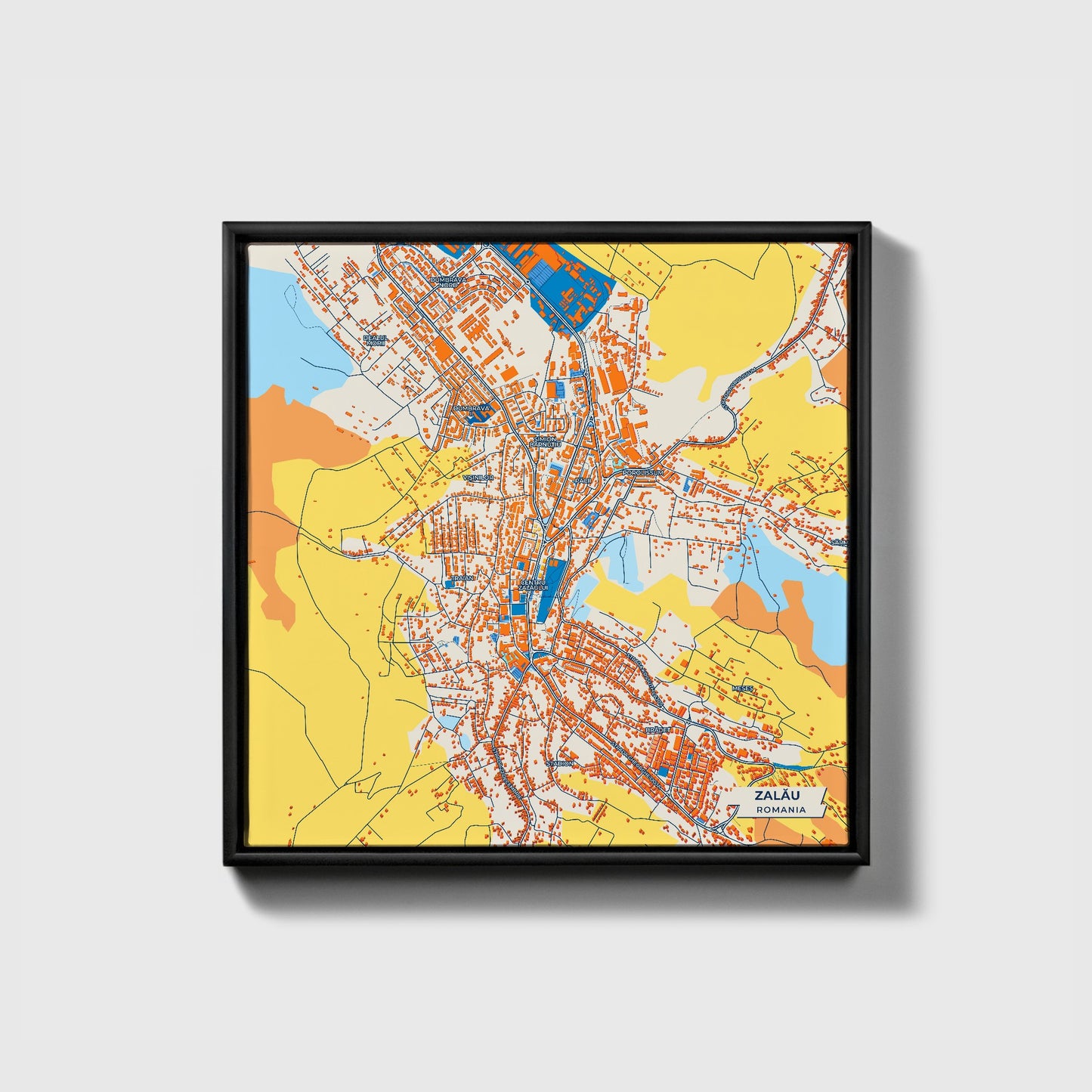Zalău Romania Colorful City Map Canvas Print • Black Framed