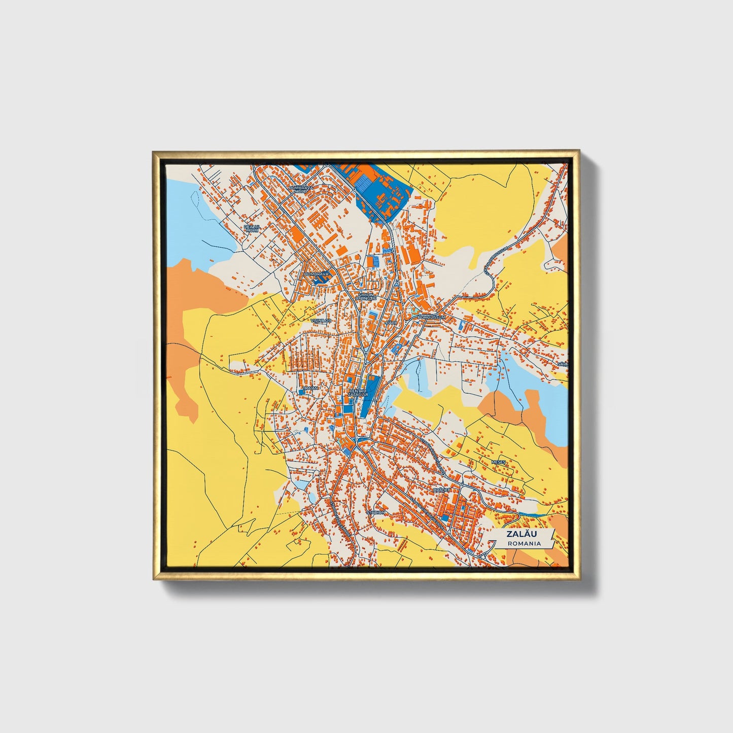 Zalău Romania Colorful City Map Canvas Print • Gold Framed