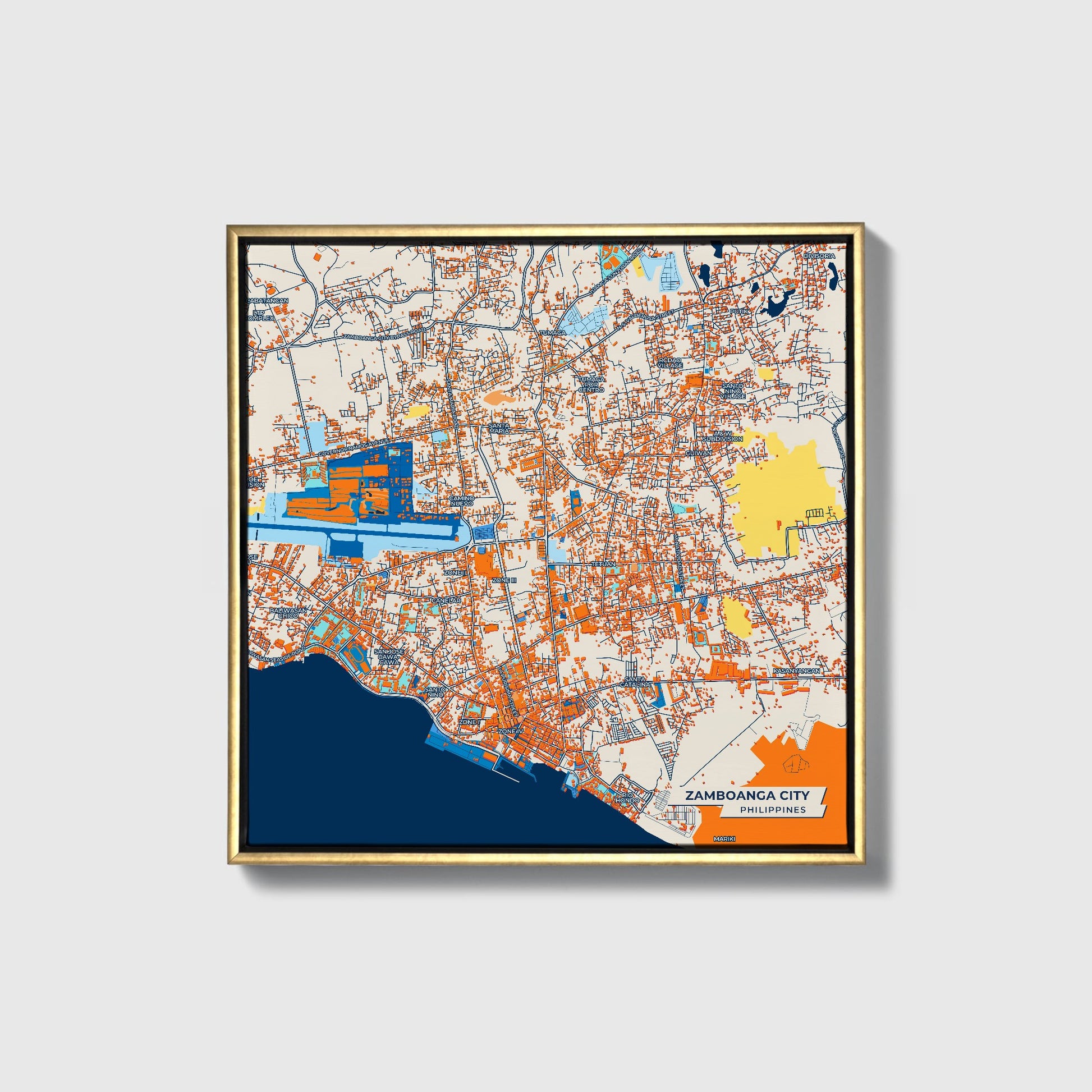 Zamboanga City Philippines Colorful City Map Canvas Print • Gold Framed