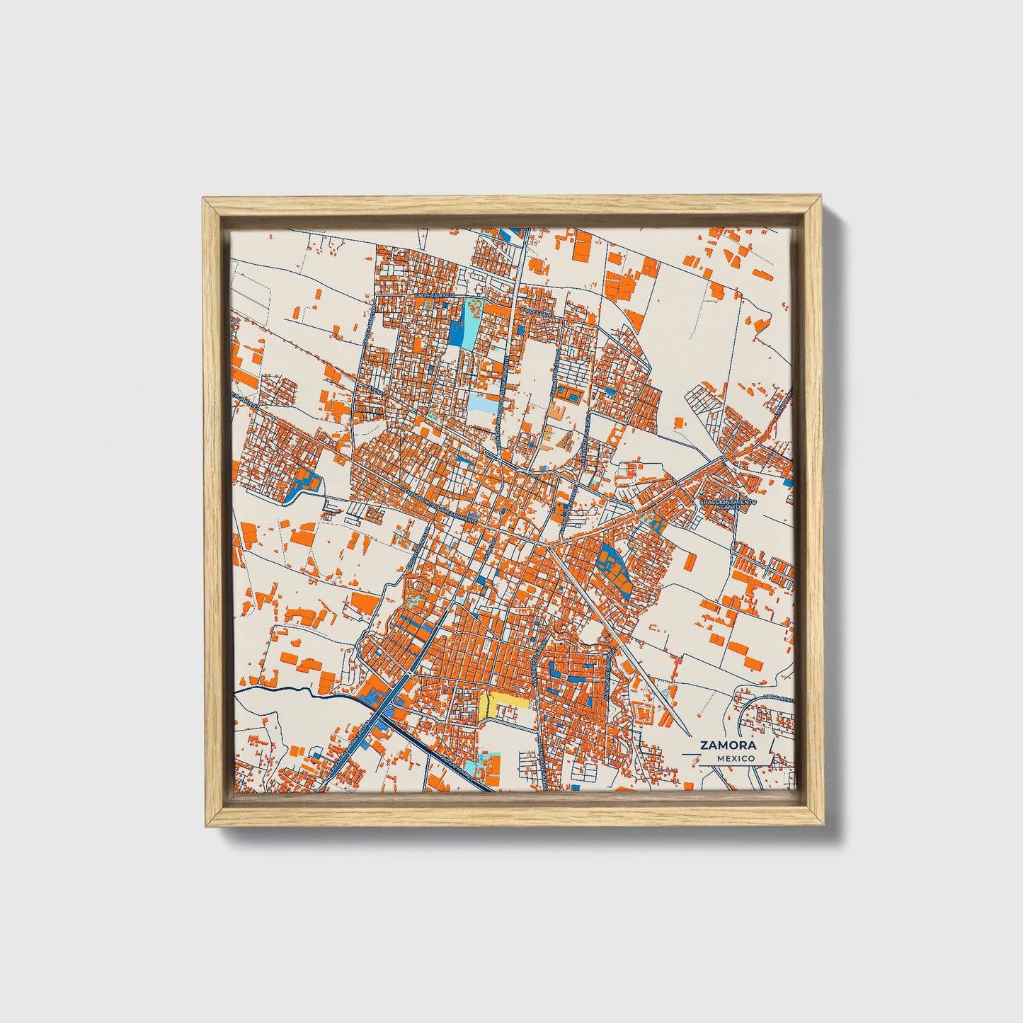 Zamora Mexico Colorful City Map Canvas Print • Natural Wooden Framed