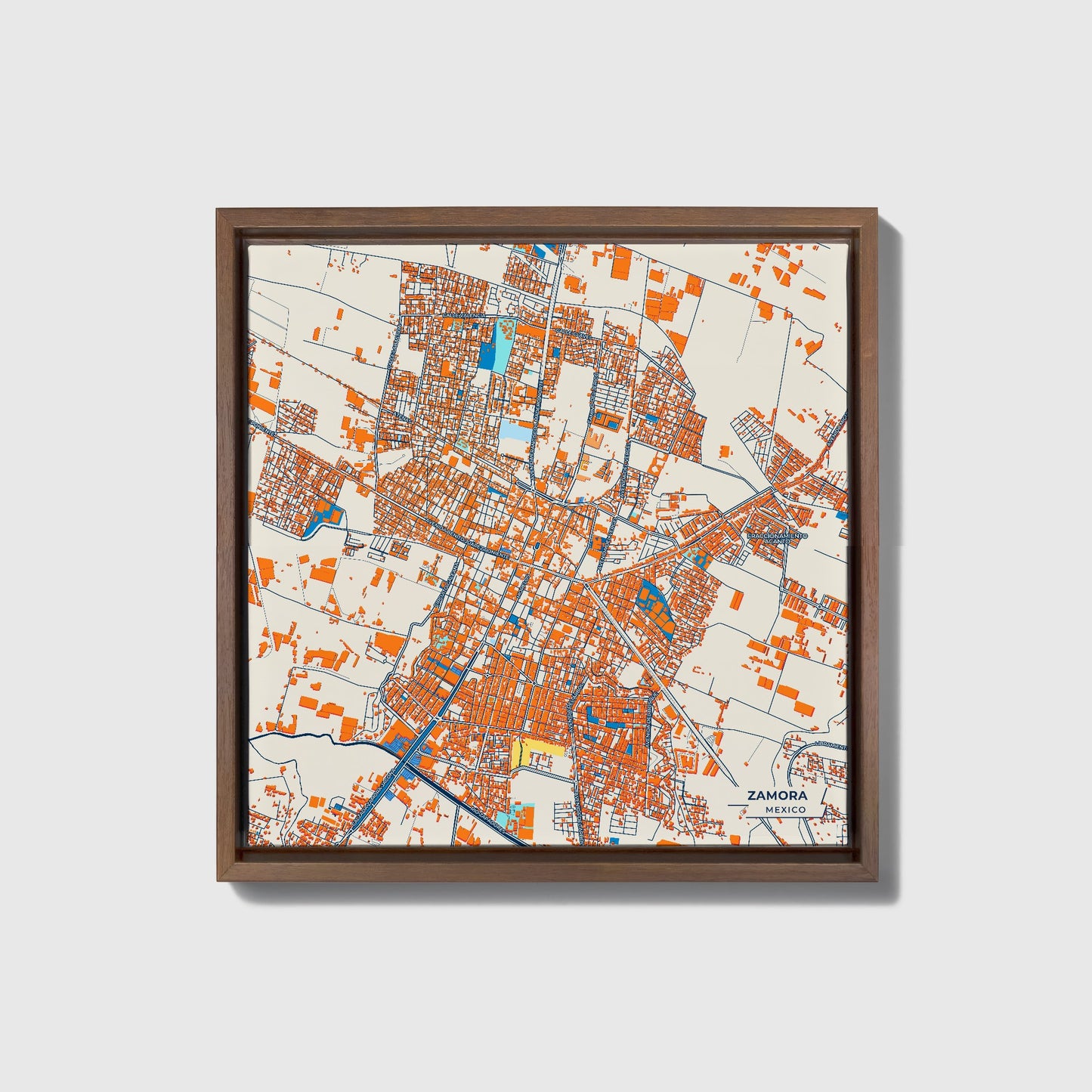 Zamora Mexico Colorful City Map Canvas Print • Dark Wooden Framed