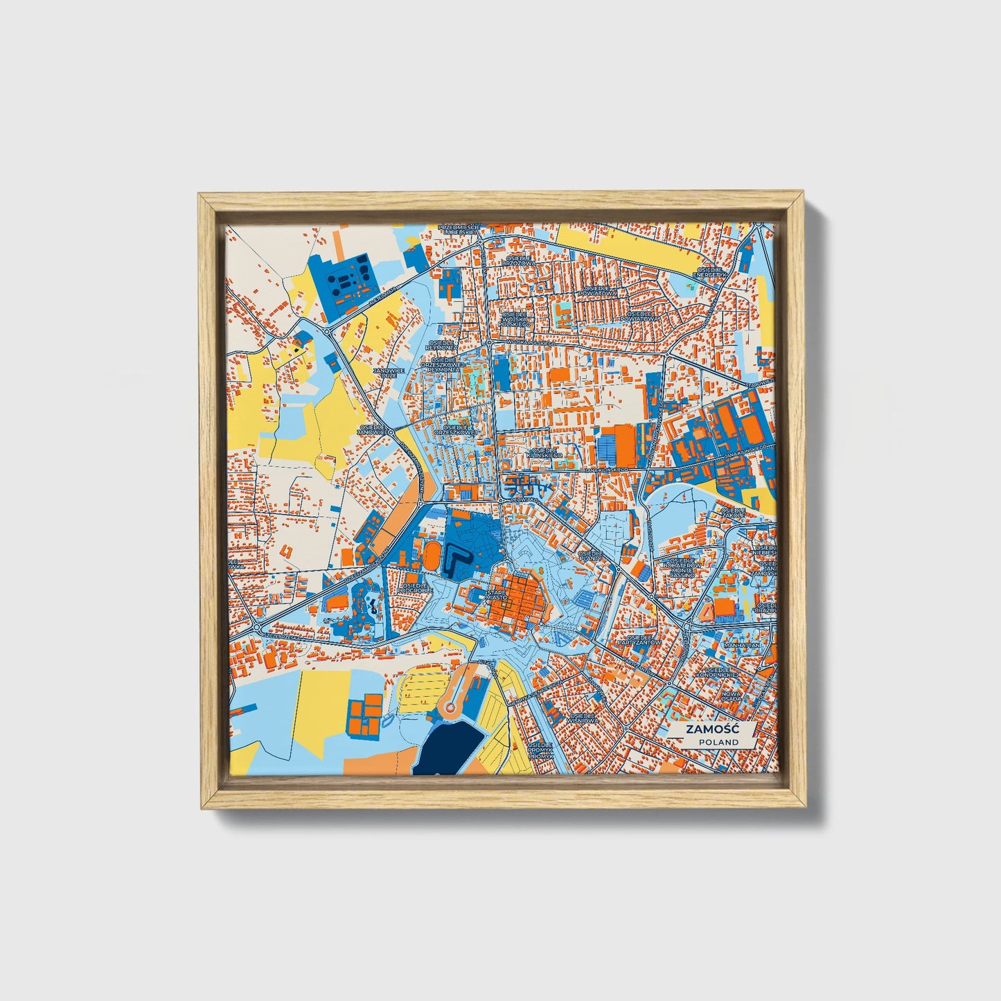 Zamość Poland Colorful City Map Canvas Print • Natural Wooden Framed