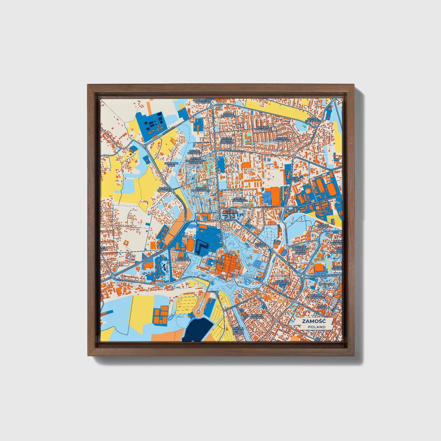 Zamość Poland Colorful City Map Canvas Print • Dark Wooden Framed