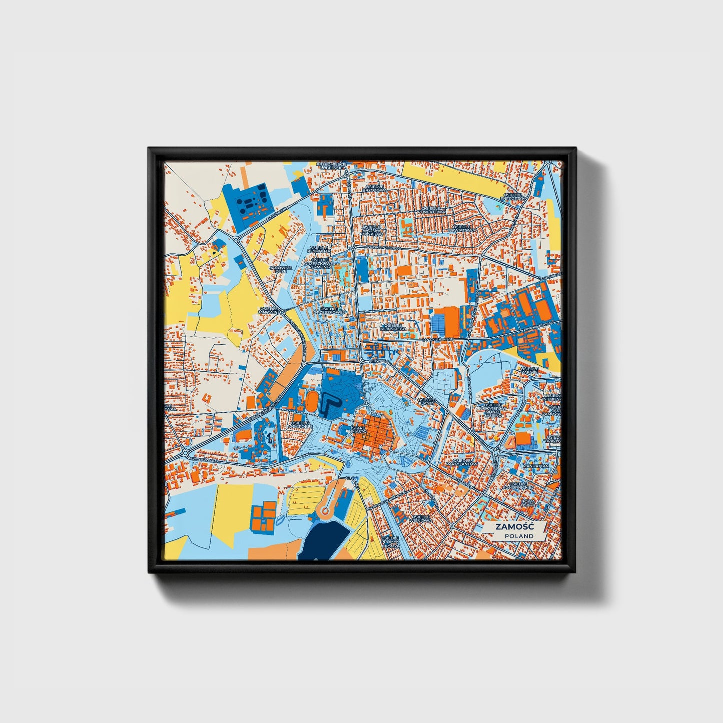 Zamość Poland Colorful City Map Canvas Print • Black Framed