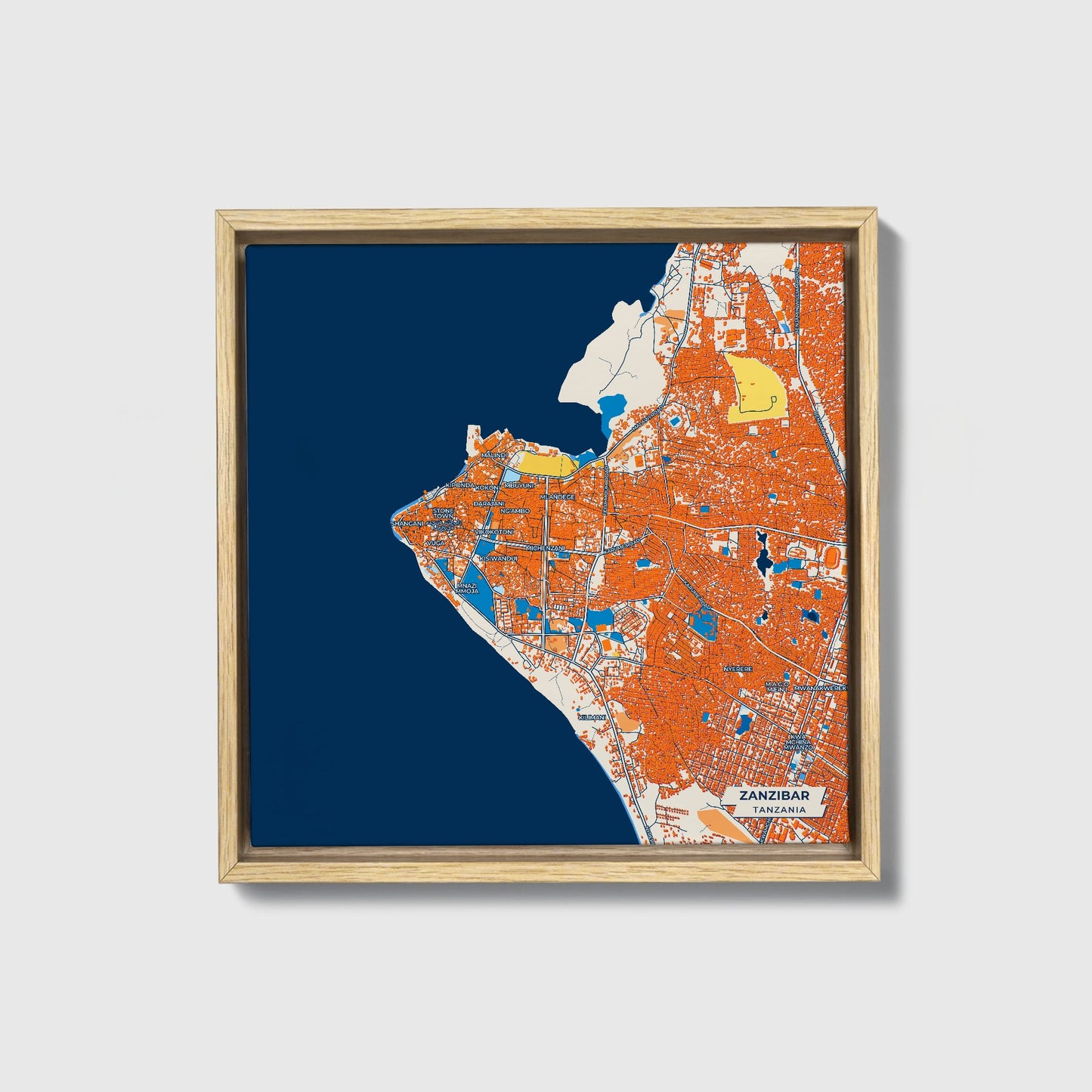 Zanzibar Tanzania Colorful City Map Canvas Print • Natural Wooden Framed