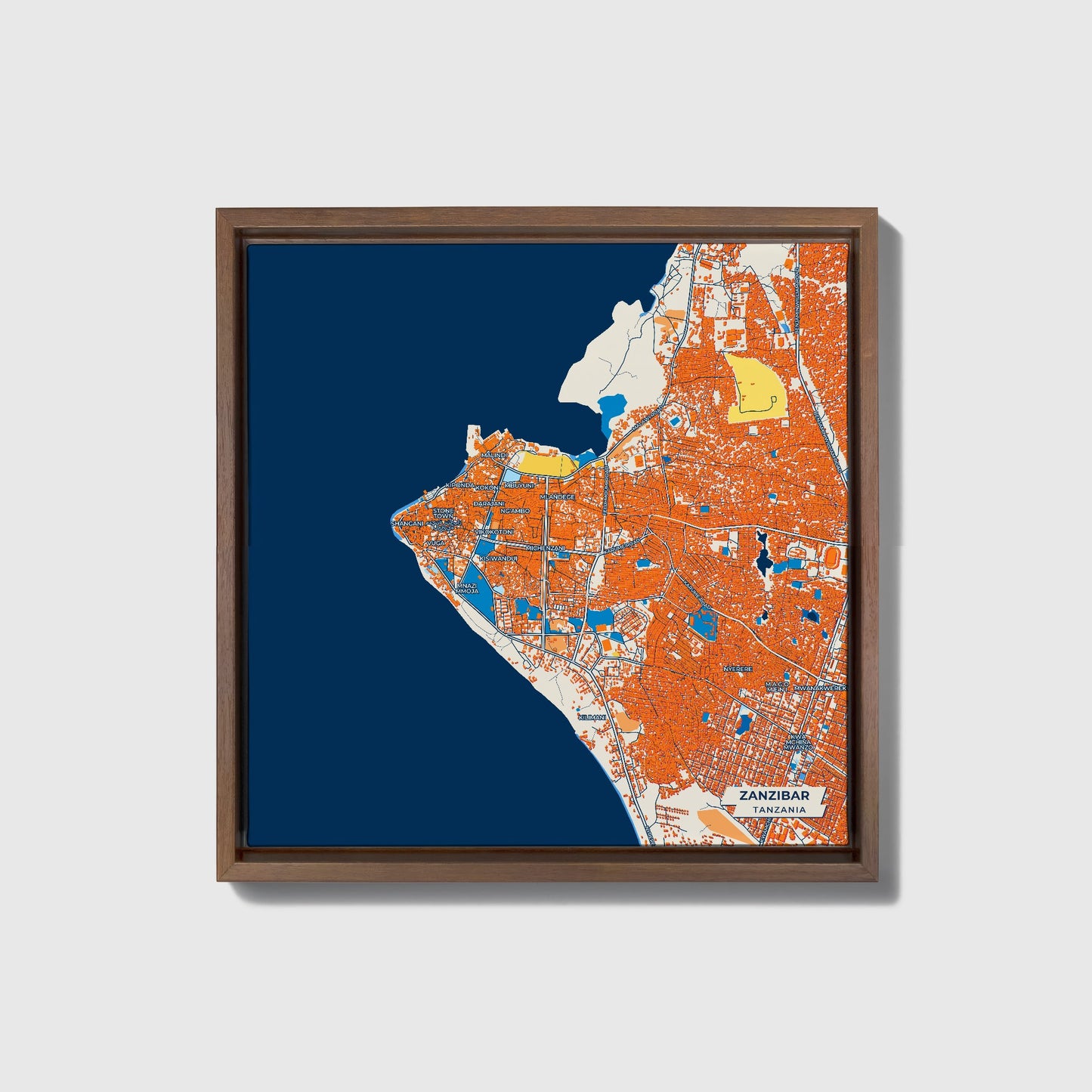 Zanzibar Tanzania Colorful City Map Canvas Print • Dark Wooden Framed
