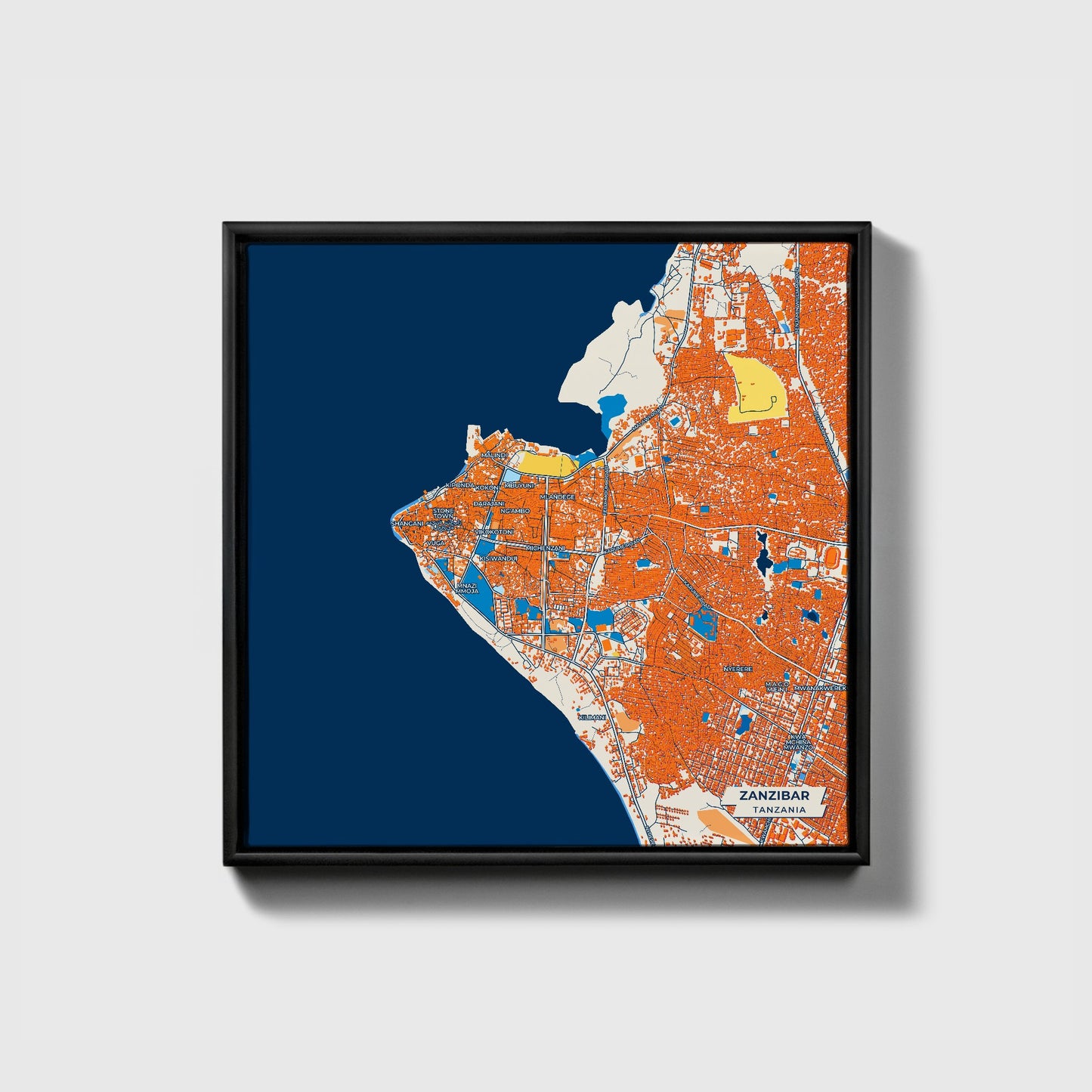 Zanzibar Tanzania Colorful City Map Canvas Print • Black Framed