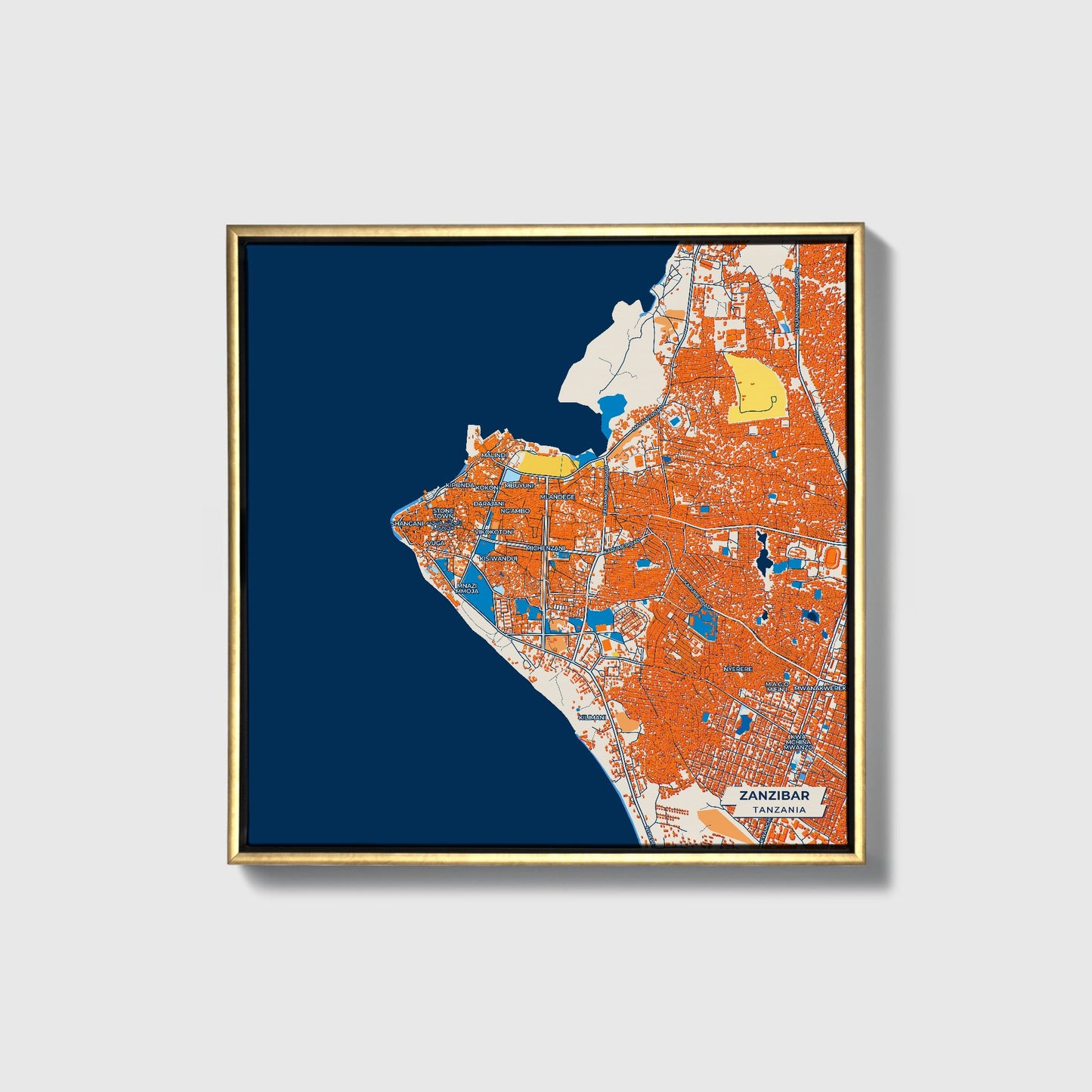 Zanzibar Tanzania Colorful City Map Canvas Print • Gold Framed