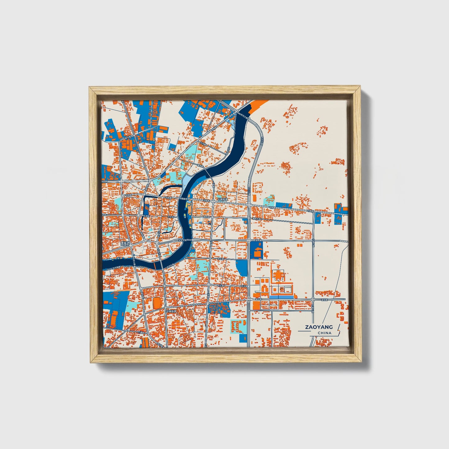 Zaoyang China Colorful City Map Canvas Print • Natural Wooden Framed