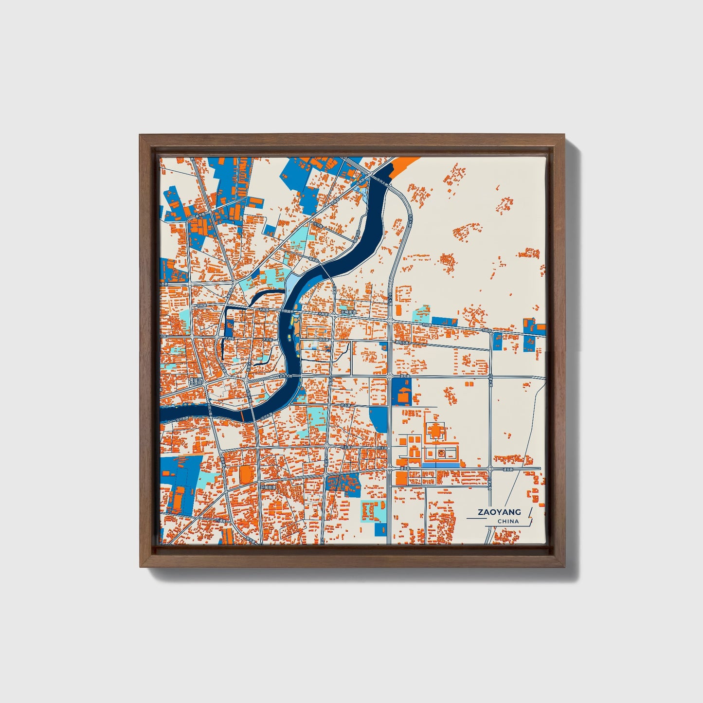 Zaoyang China Colorful City Map Canvas Print • Dark Wooden Framed