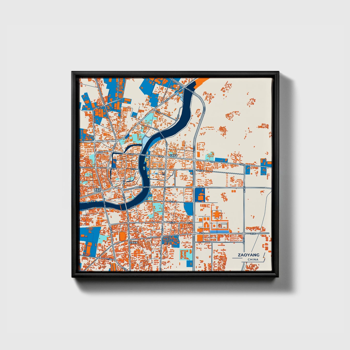 Zaoyang China Colorful City Map Canvas Print • Black Framed