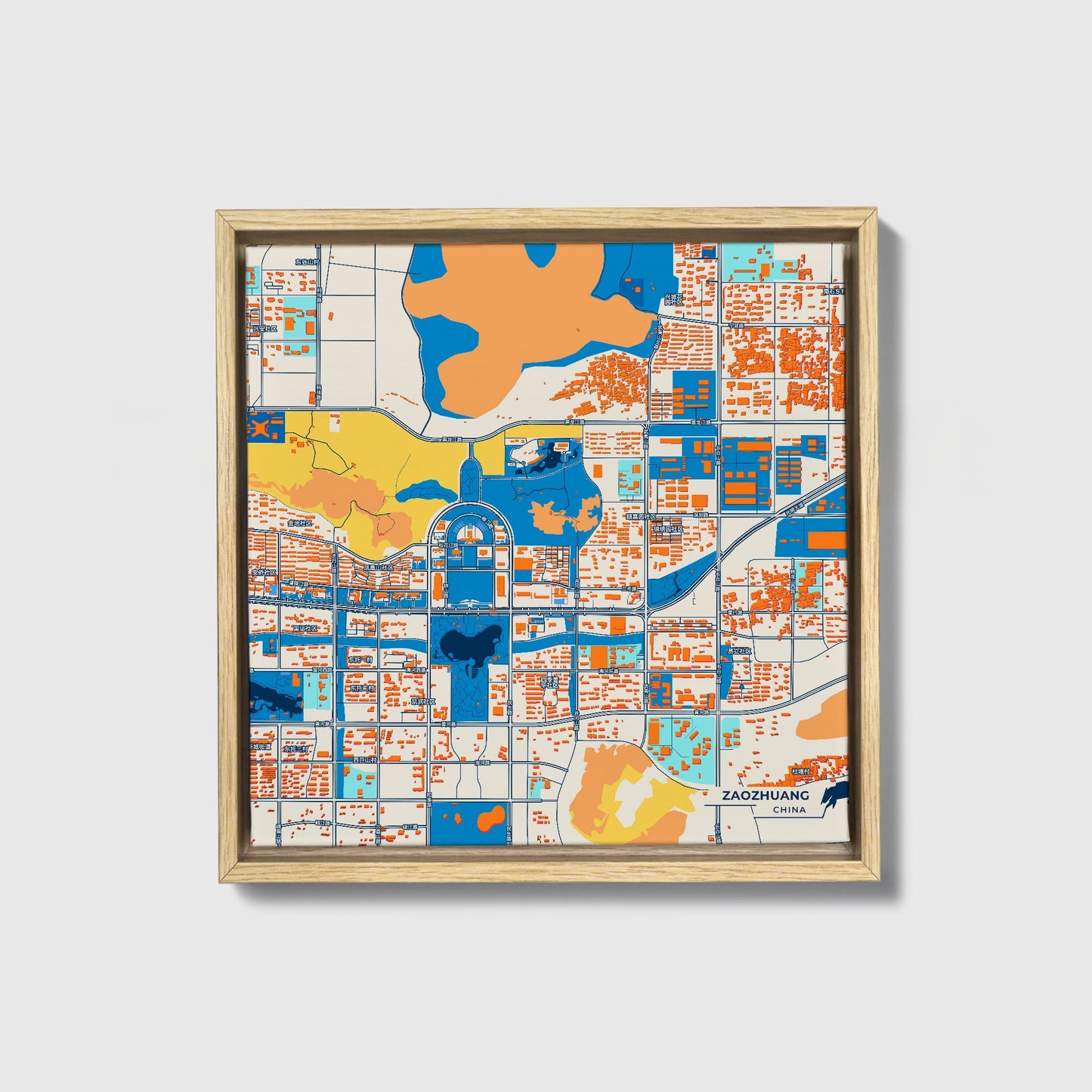 Zaozhuang China Colorful City Map Canvas Print • Natural Wooden Framed