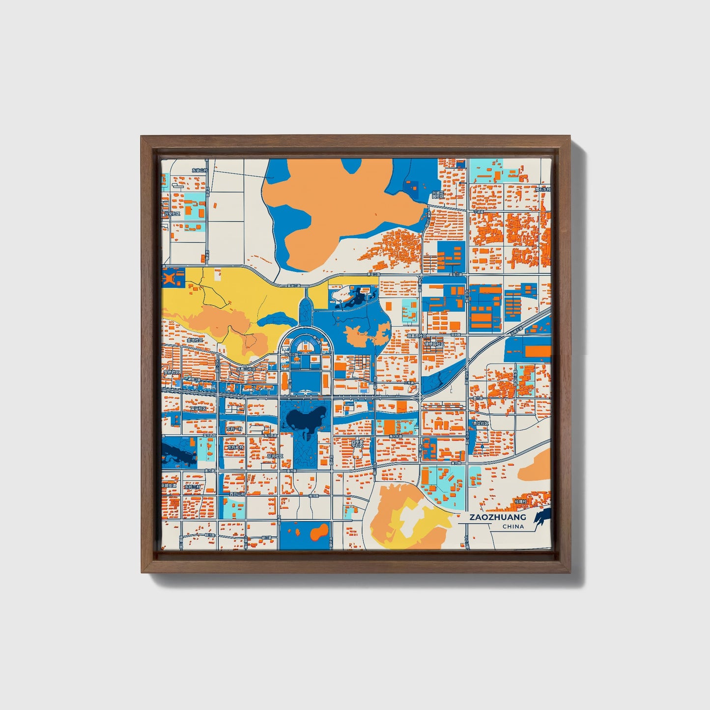 Zaozhuang China Colorful City Map Canvas Print • Dark Wooden Framed