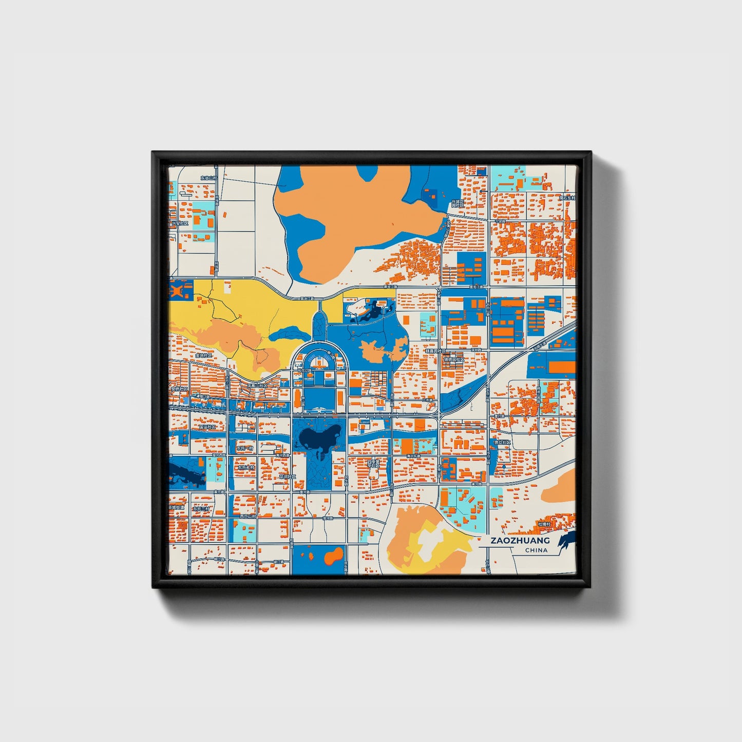 Zaozhuang China Colorful City Map Canvas Print • Black Framed