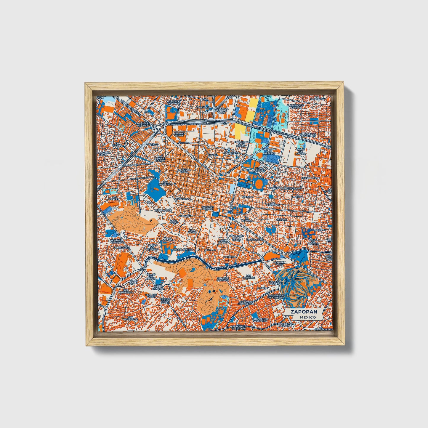 Zapopan Mexico Colorful City Map Canvas Print • Natural Wooden Framed