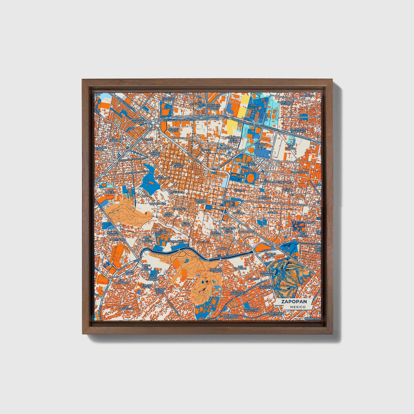 Zapopan Mexico Colorful City Map Canvas Print • Dark Wooden Framed