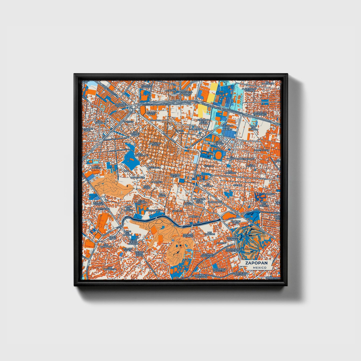 Zapopan Mexico Colorful City Map Canvas Print • Black Framed