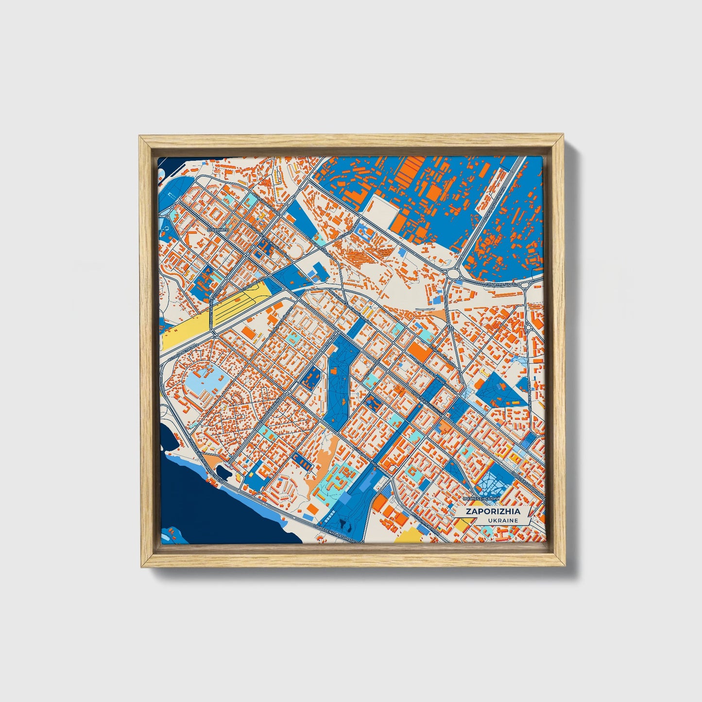 Запоріжія Ukraine Colorful City Map Canvas Print • Natural Wooden Framed