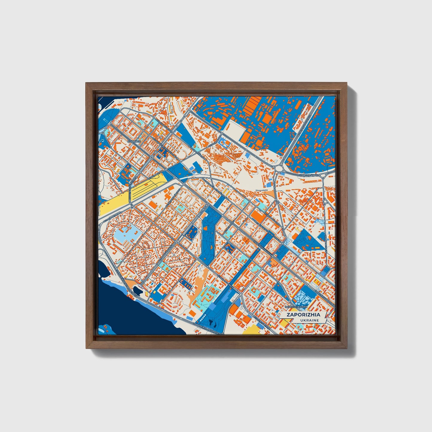 Запоріжія Ukraine Colorful City Map Canvas Print • Dark Wooden Framed