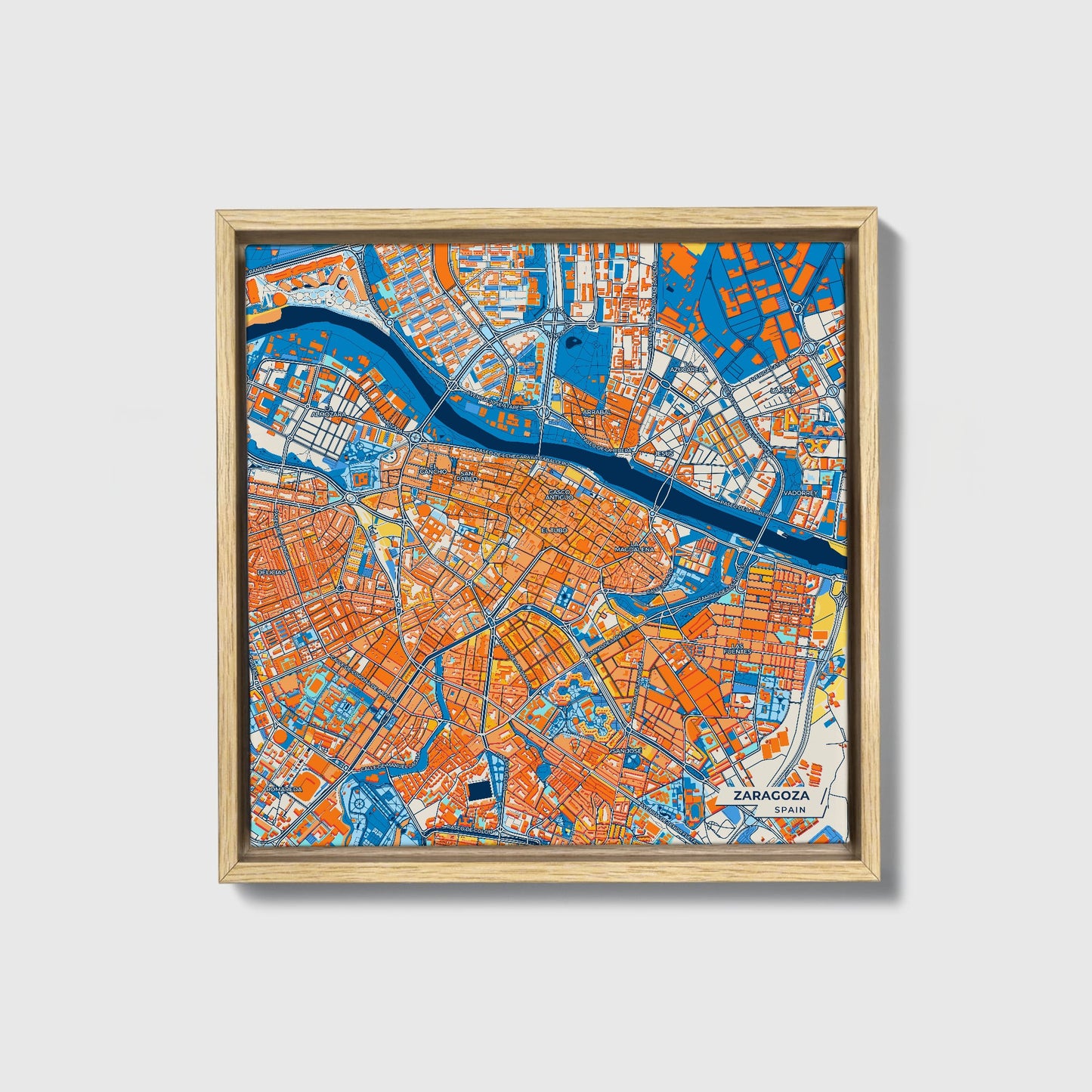 Zaragoza Spain Colorful City Map Canvas Print • Natural Wooden Framed