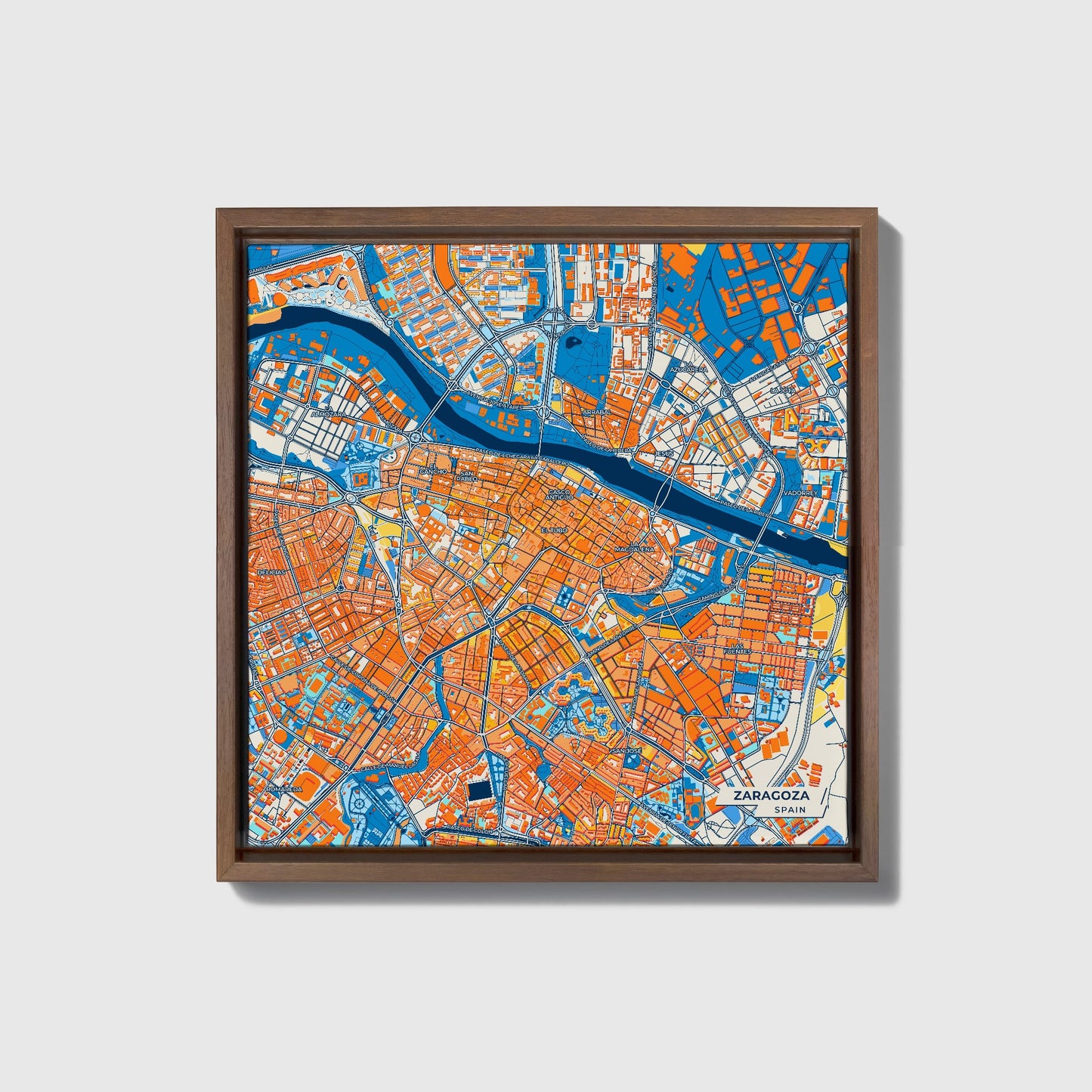 Zaragoza Spain Colorful City Map Canvas Print • Dark Wooden Framed