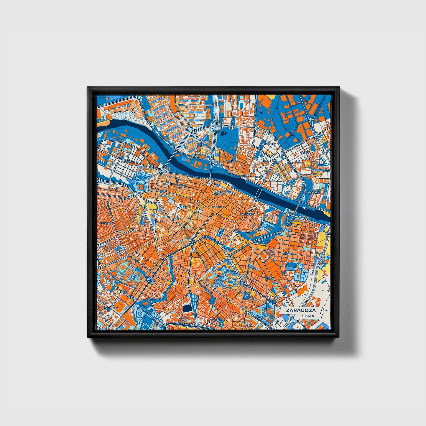 Zaragoza Spain Colorful City Map Canvas Print • Black Framed