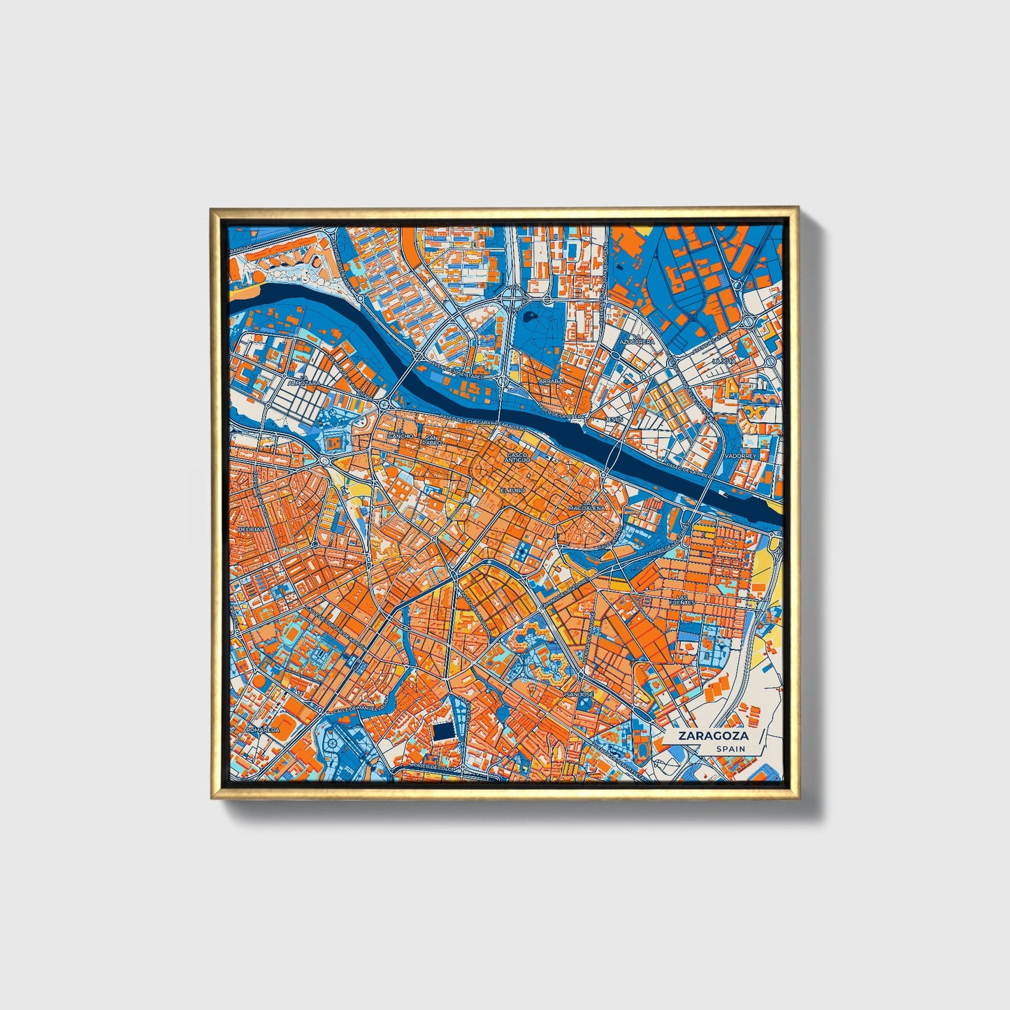 Zaragoza Spain Colorful City Map Canvas Print • Gold Framed