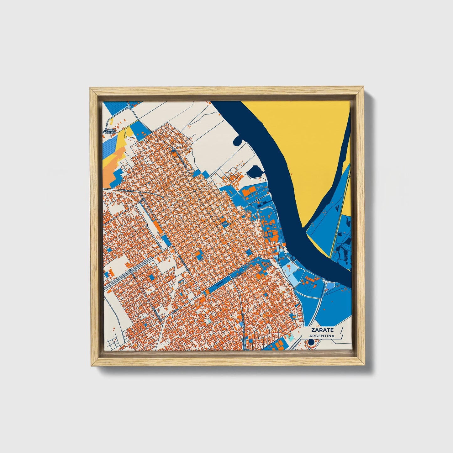Zarate Argentina Colorful City Map Canvas Print • Natural Wooden Framed