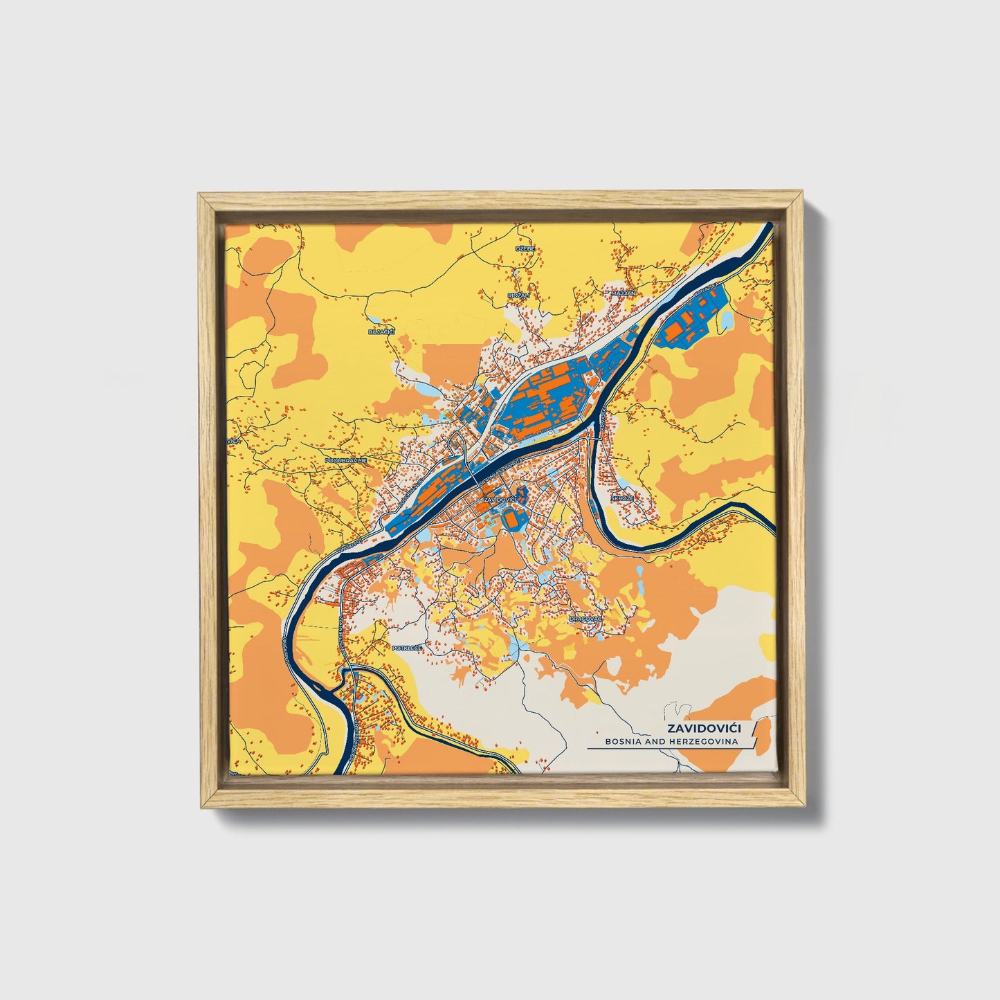 Zavidovići Bosnia And Herzegovina Colorful City Map Canvas Print • Natural Wooden Framed