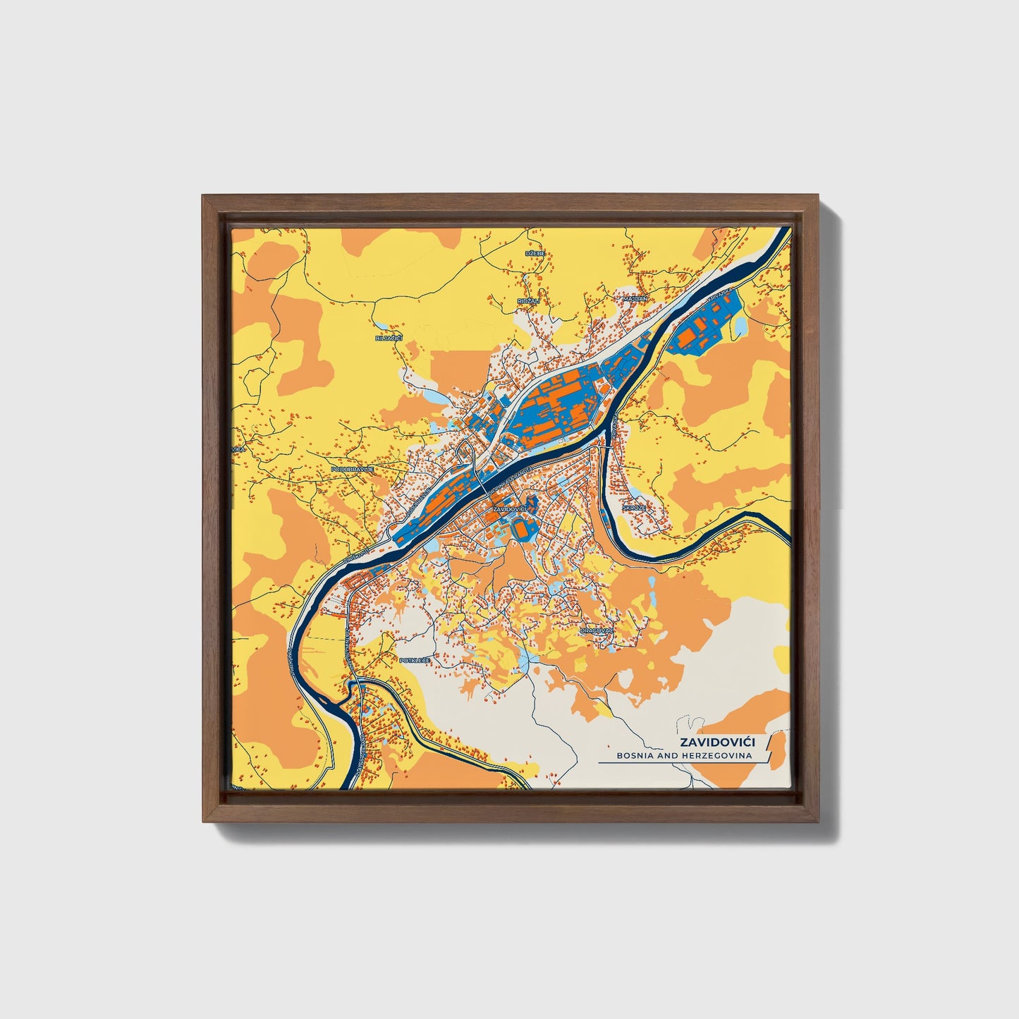 Zavidovići Bosnia And Herzegovina Colorful City Map Canvas Print • Dark Wooden Framed