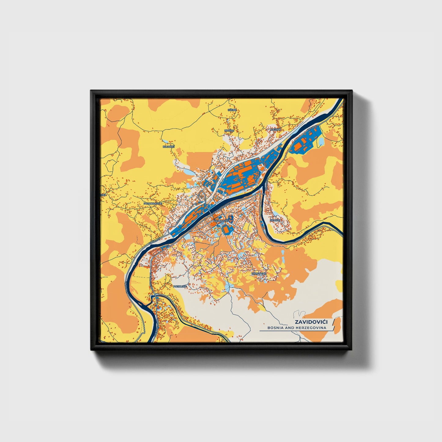 Zavidovići Bosnia And Herzegovina Colorful City Map Canvas Print • Black Framed