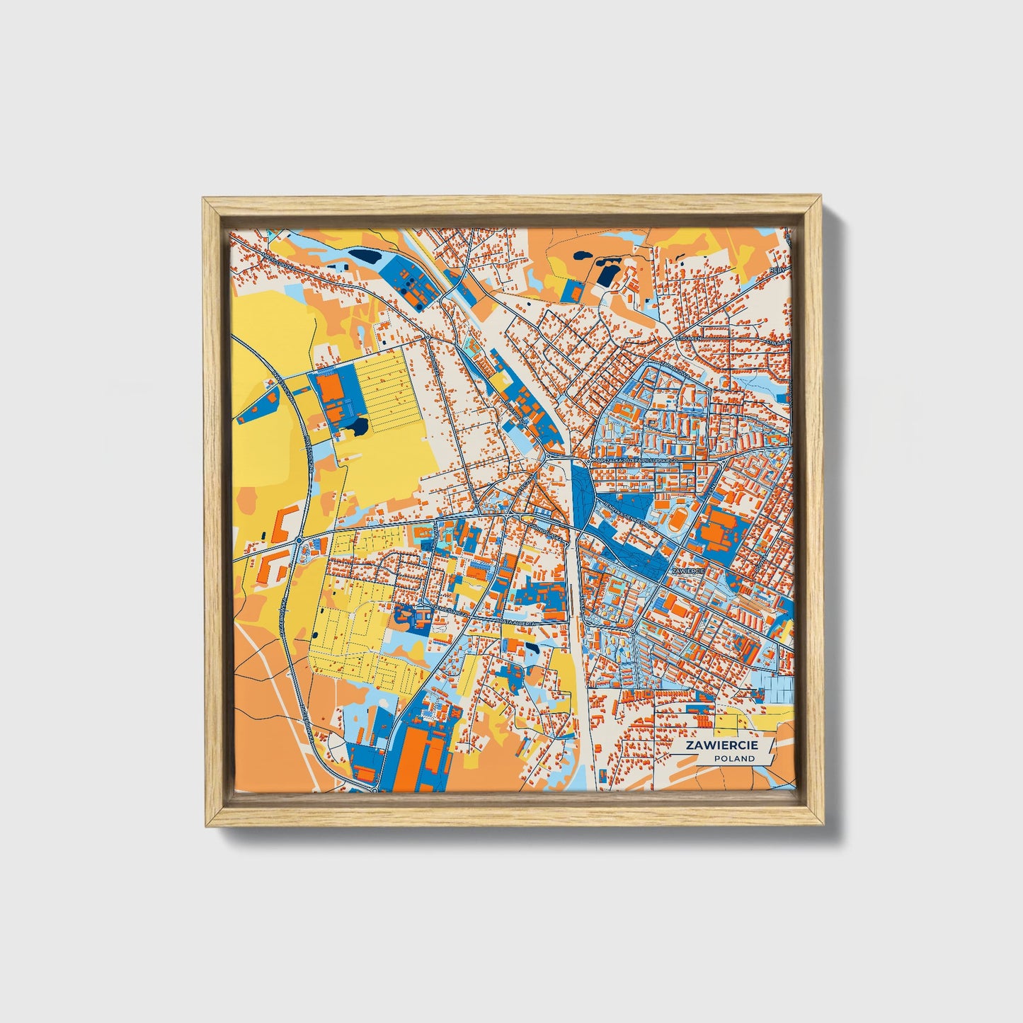 Zawiercie Poland Colorful City Map Canvas Print • Natural Wooden Framed