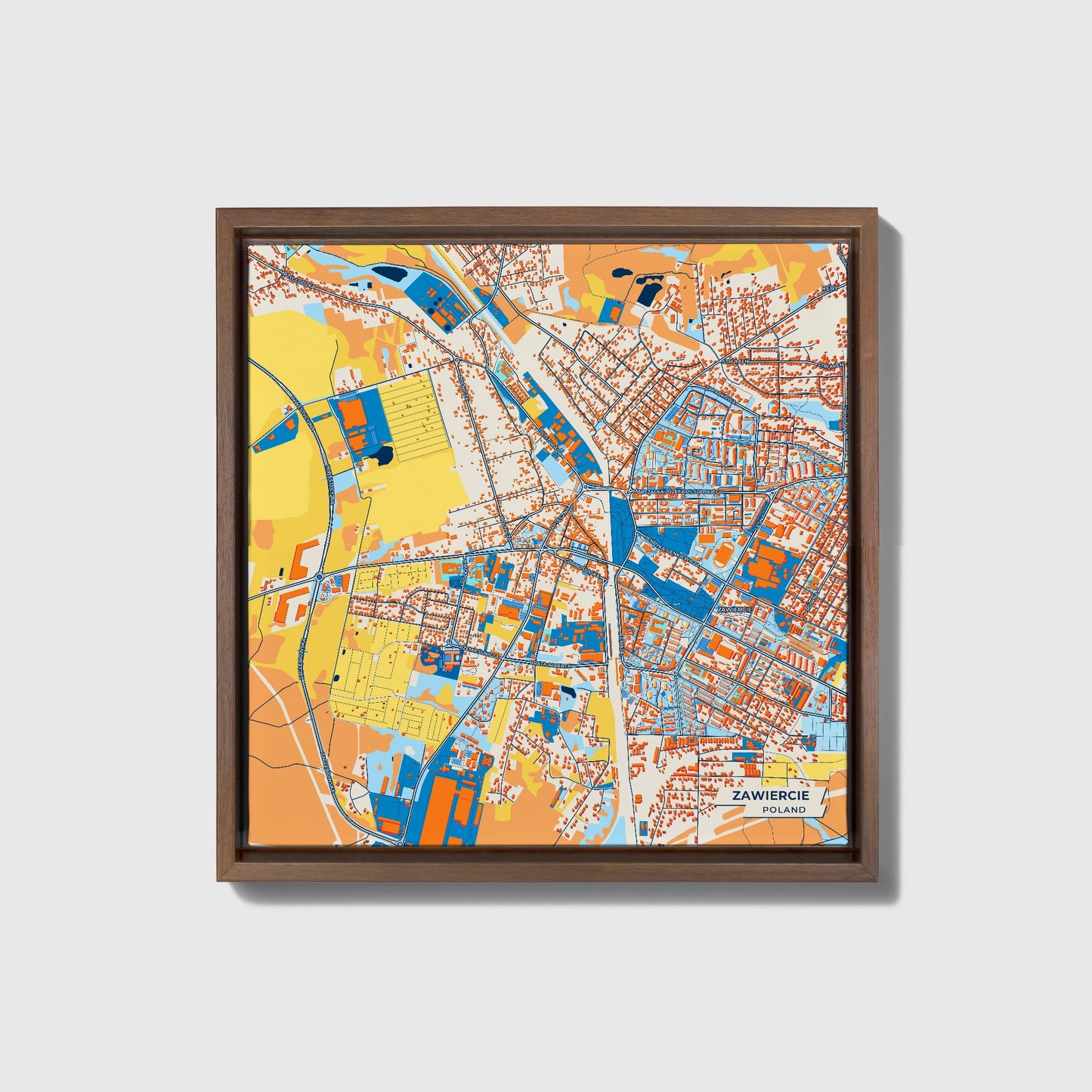 Zawiercie Poland Colorful City Map Canvas Print • Dark Wooden Framed