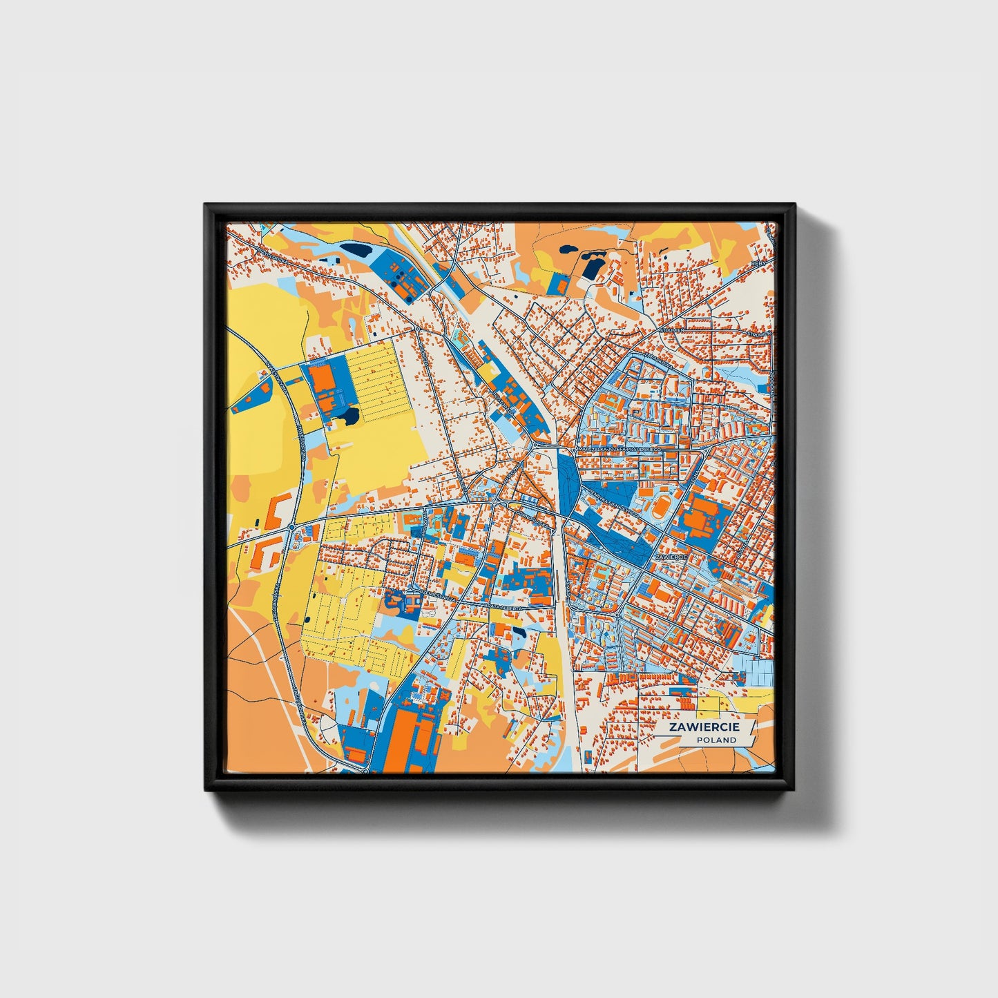 Zawiercie Poland Colorful City Map Canvas Print • Black Framed