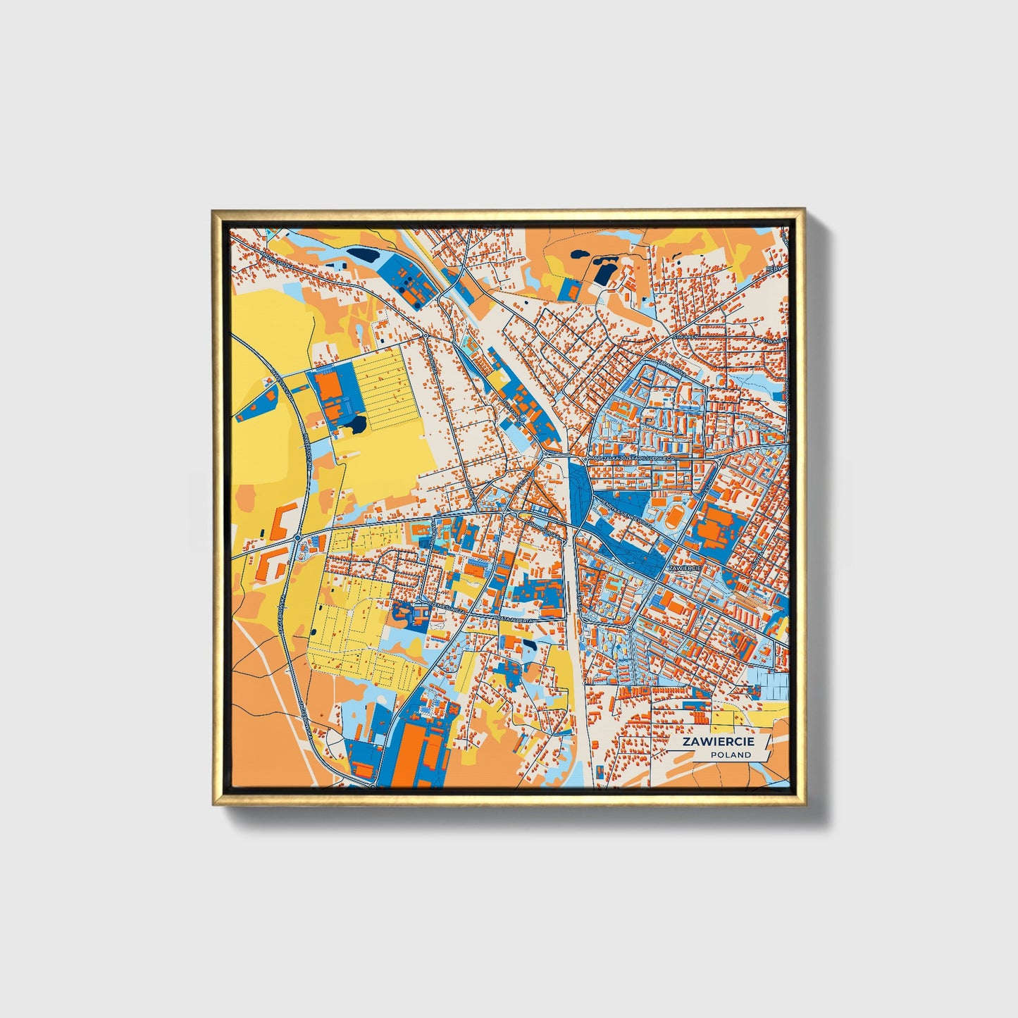 Zawiercie Poland Colorful City Map Canvas Print • Gold Framed