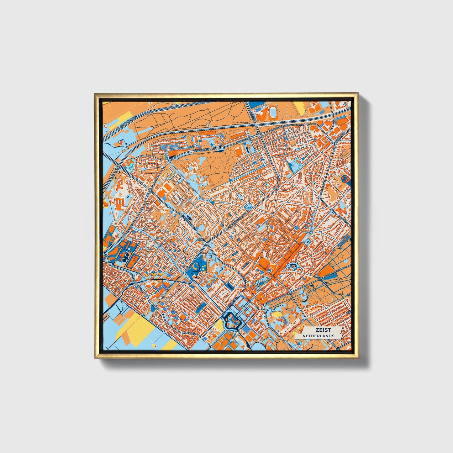 Zeist Netherlands Colorful City Map Canvas Print • Gold Framed