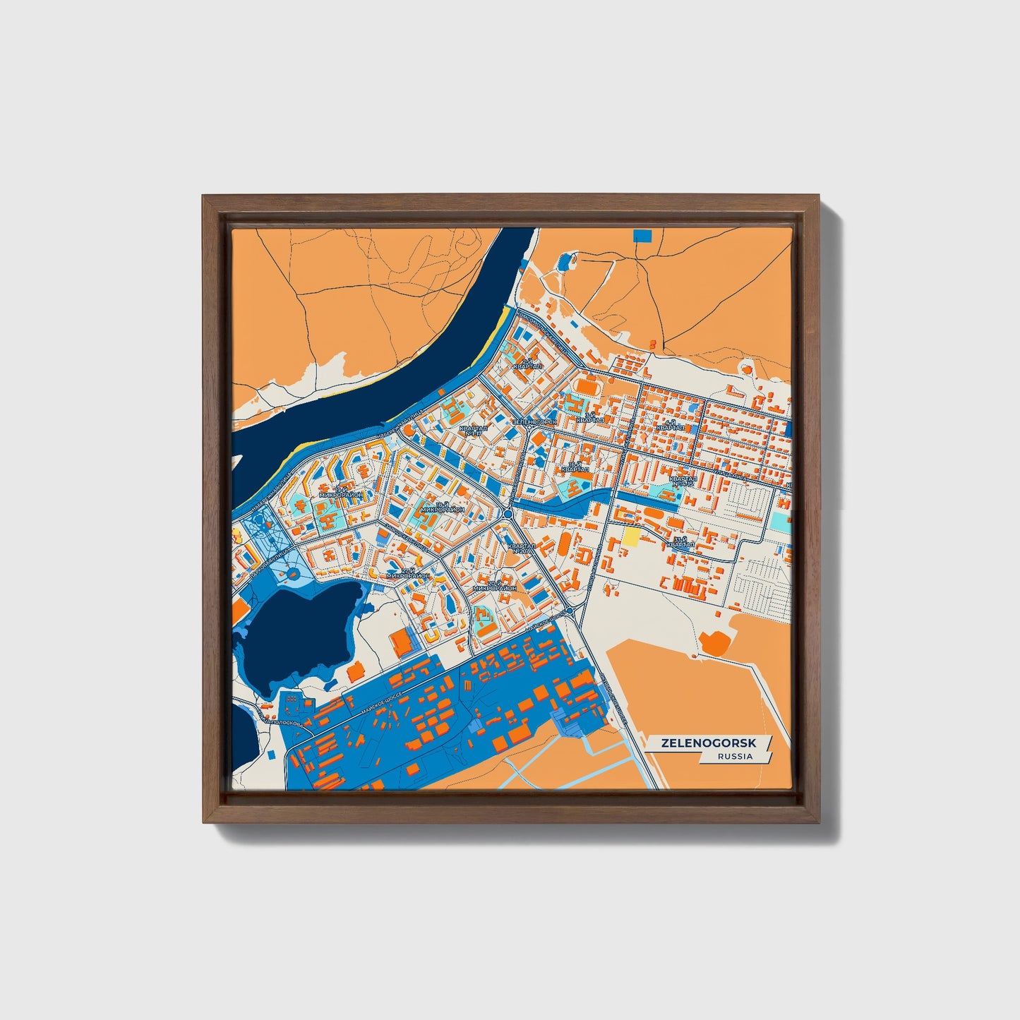 Зеленогорск Russia Colorful City Map Canvas Print • Dark Wooden Framed