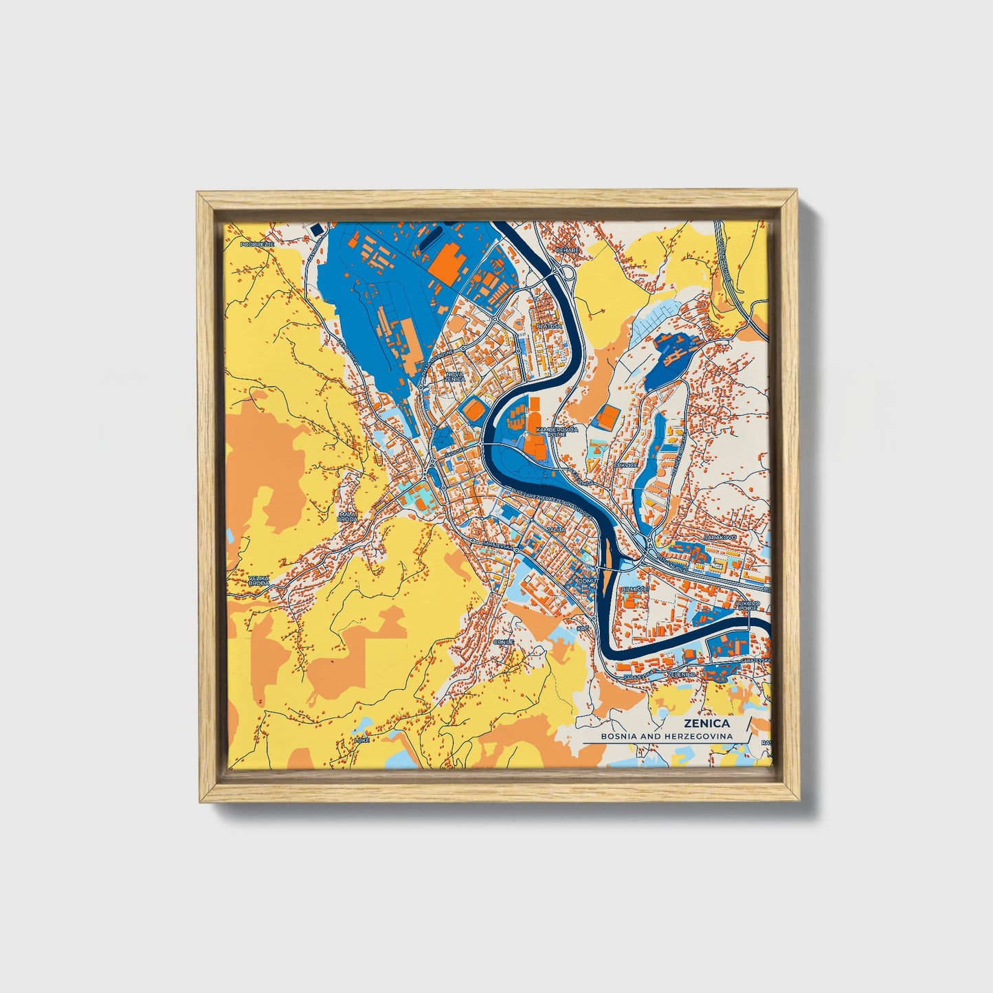 Zenica Bosnia And Herzegovina Colorful City Map Canvas Print • Natural Wooden Framed