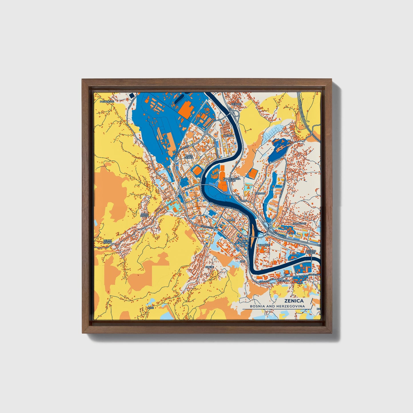 Zenica Bosnia And Herzegovina Colorful City Map Canvas Print • Dark Wooden Framed