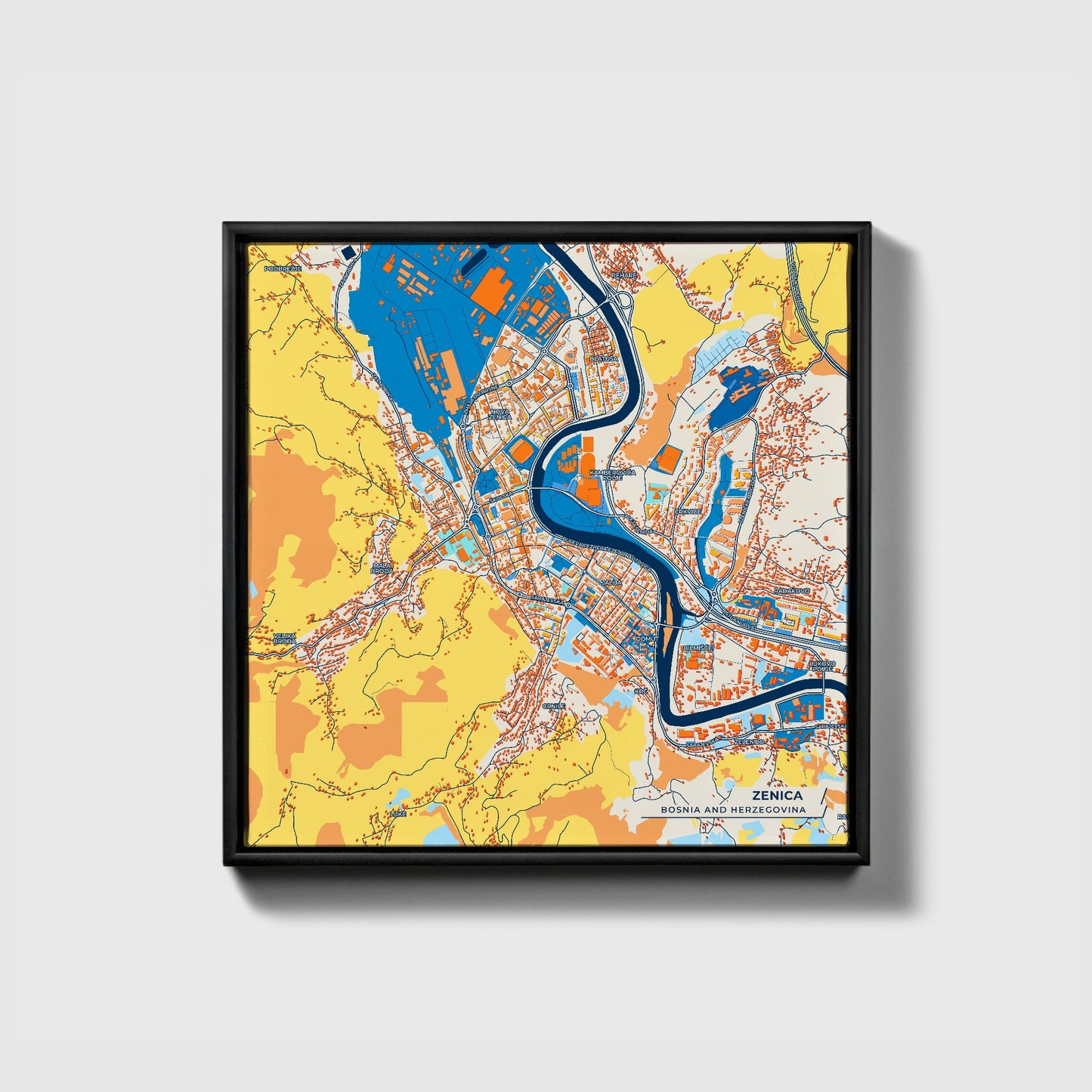 Zenica Bosnia And Herzegovina Colorful City Map Canvas Print • Black Framed