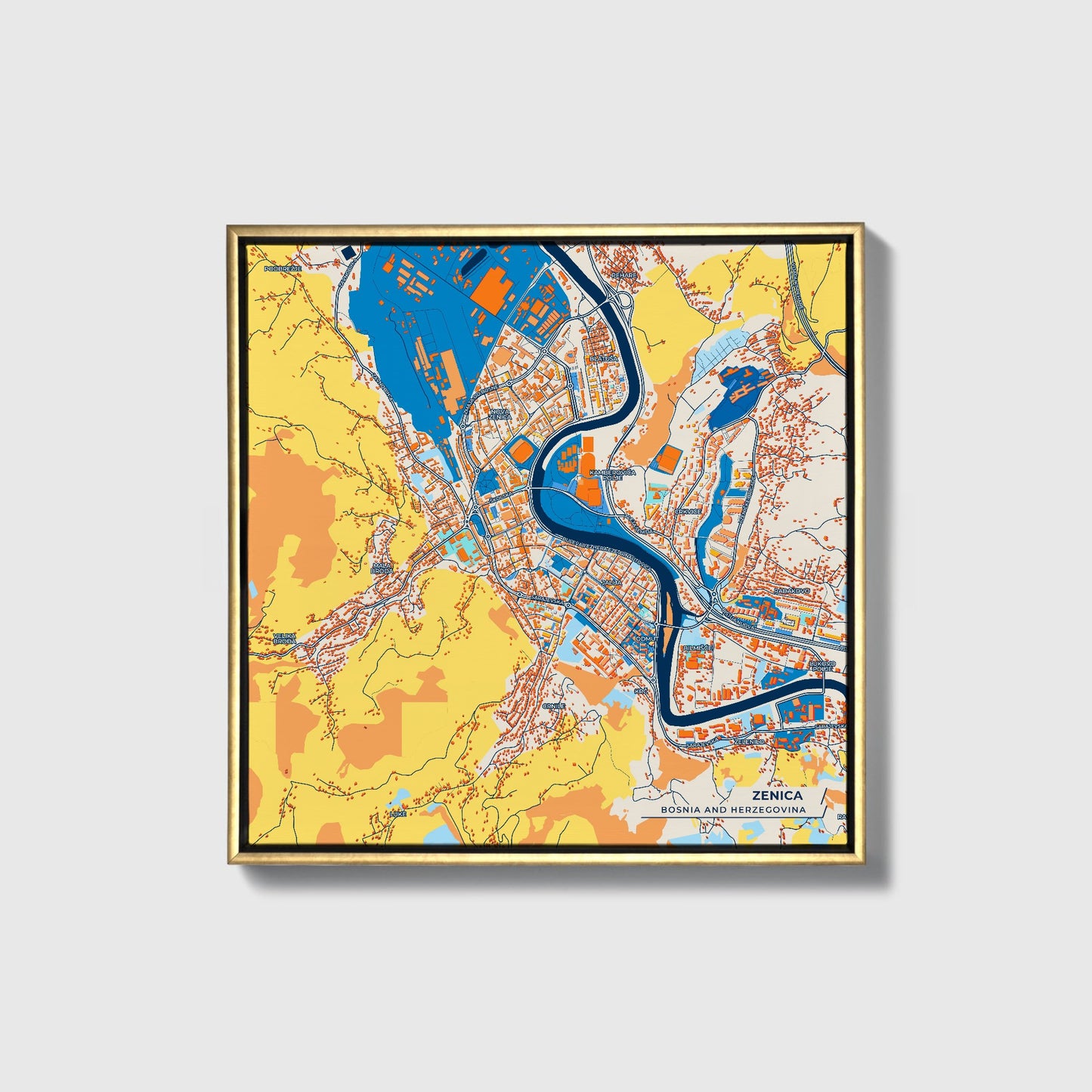 Zenica Bosnia And Herzegovina Colorful City Map Canvas Print • Gold Framed